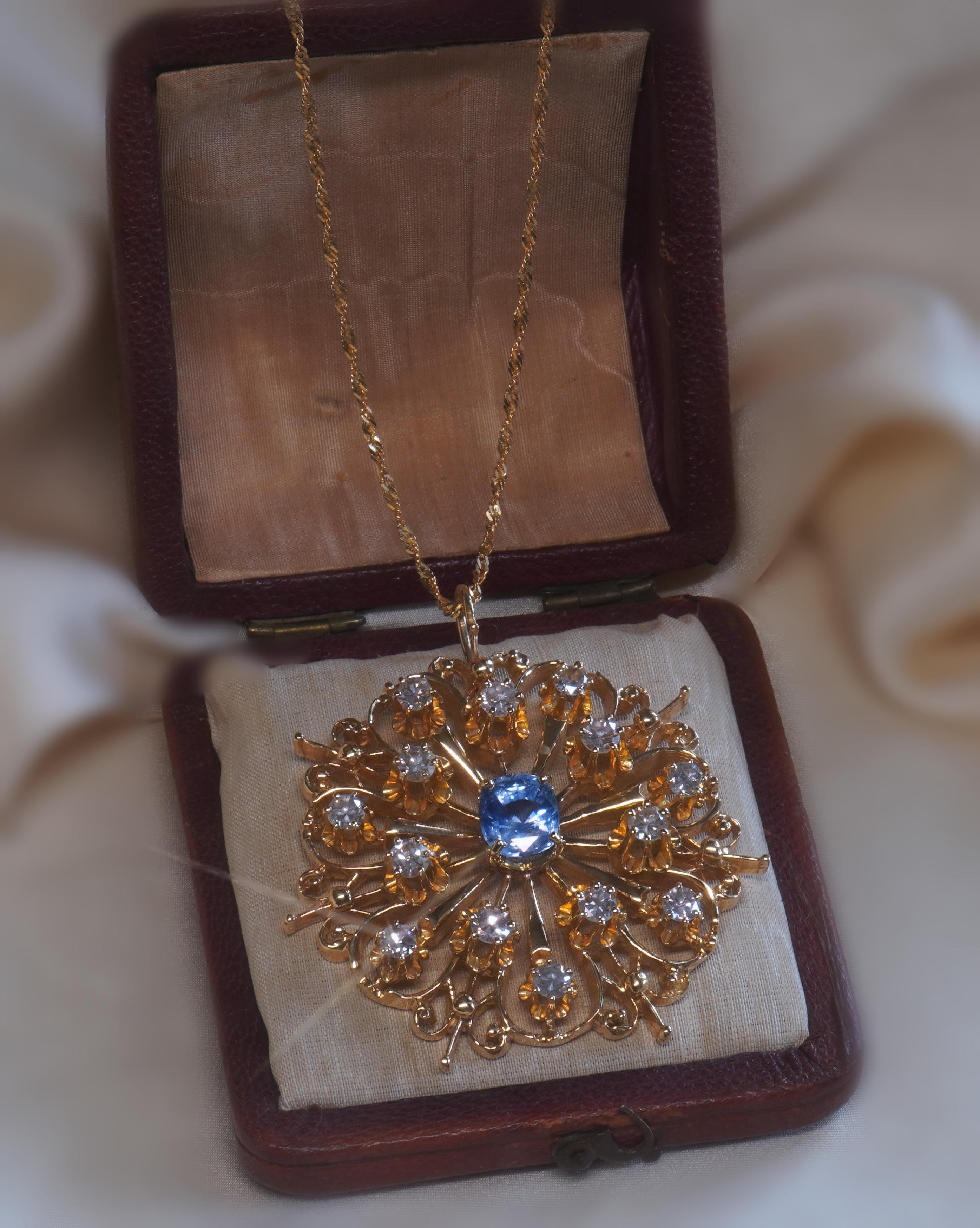 GIA Sapphire NO Heat Diamond 14K Pendant Vintage Necklace 18K Chain 5.46 Carats For Sale 5