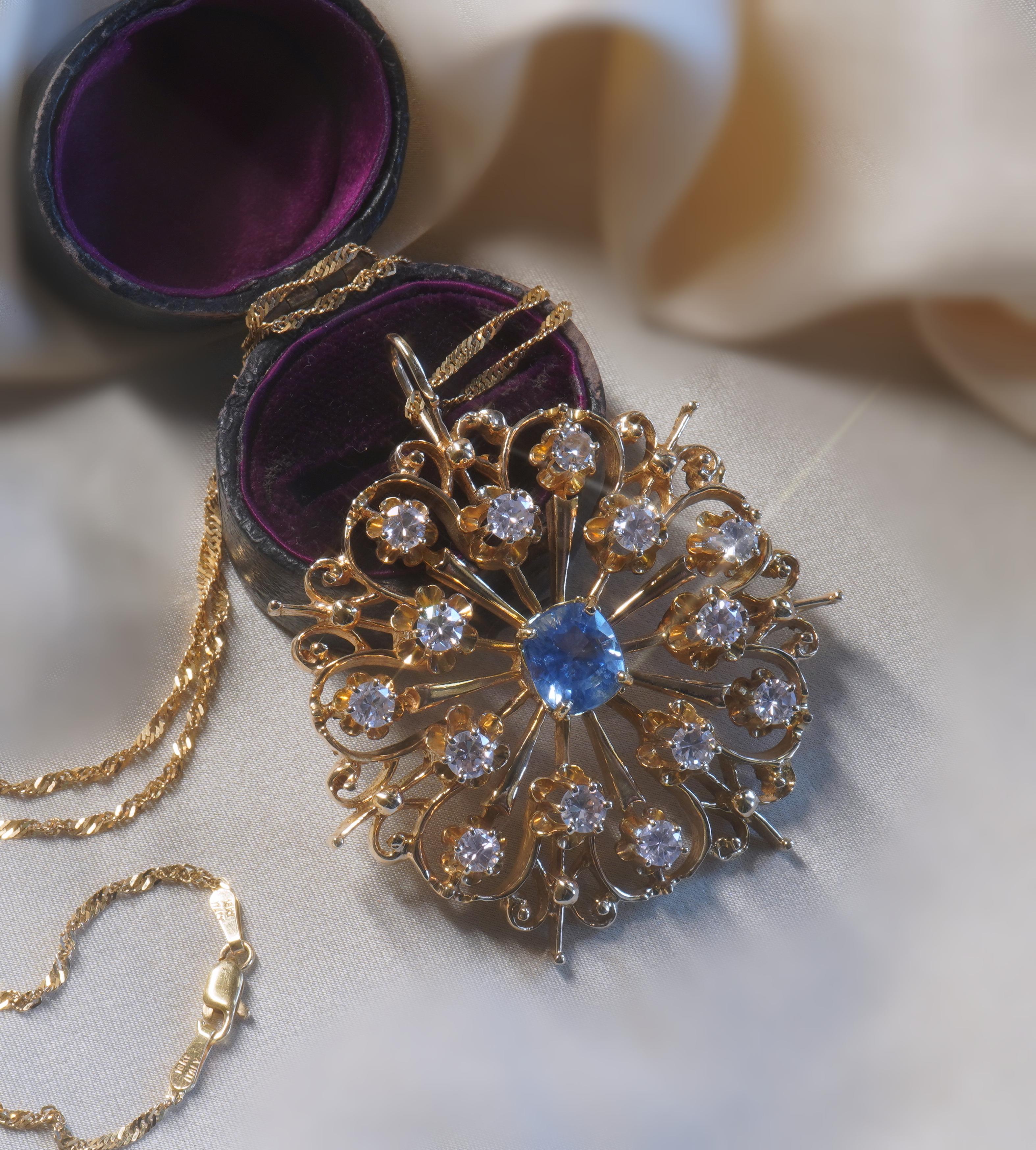 GIA Sapphire NO Heat Diamond 14K Pendant Vintage Necklace 18K Chain 5.46 Carats For Sale 6