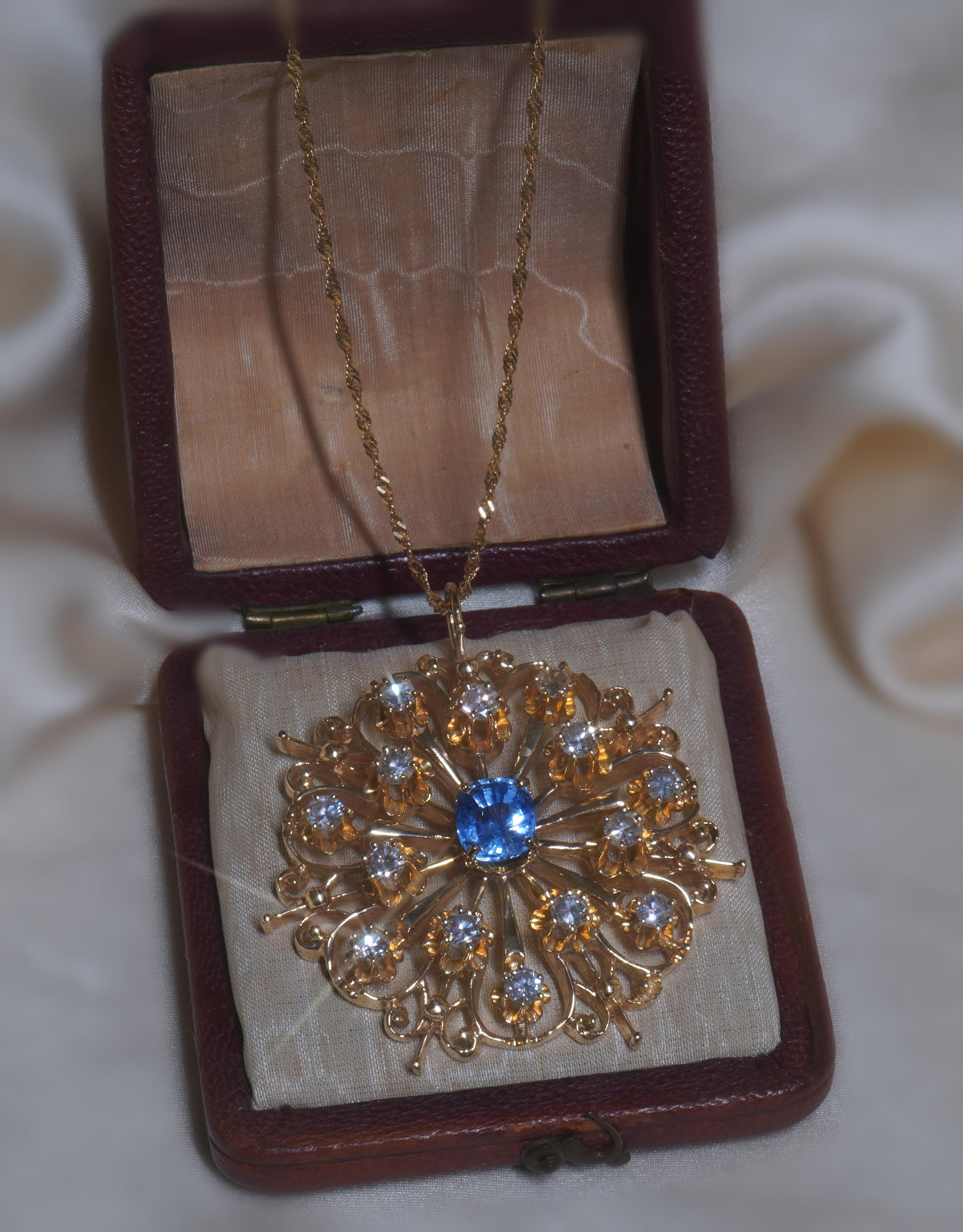 GIA Sapphire NO Heat Diamond 14K Pendant Vintage Necklace 18K Chain 5.46 Carats For Sale 7
