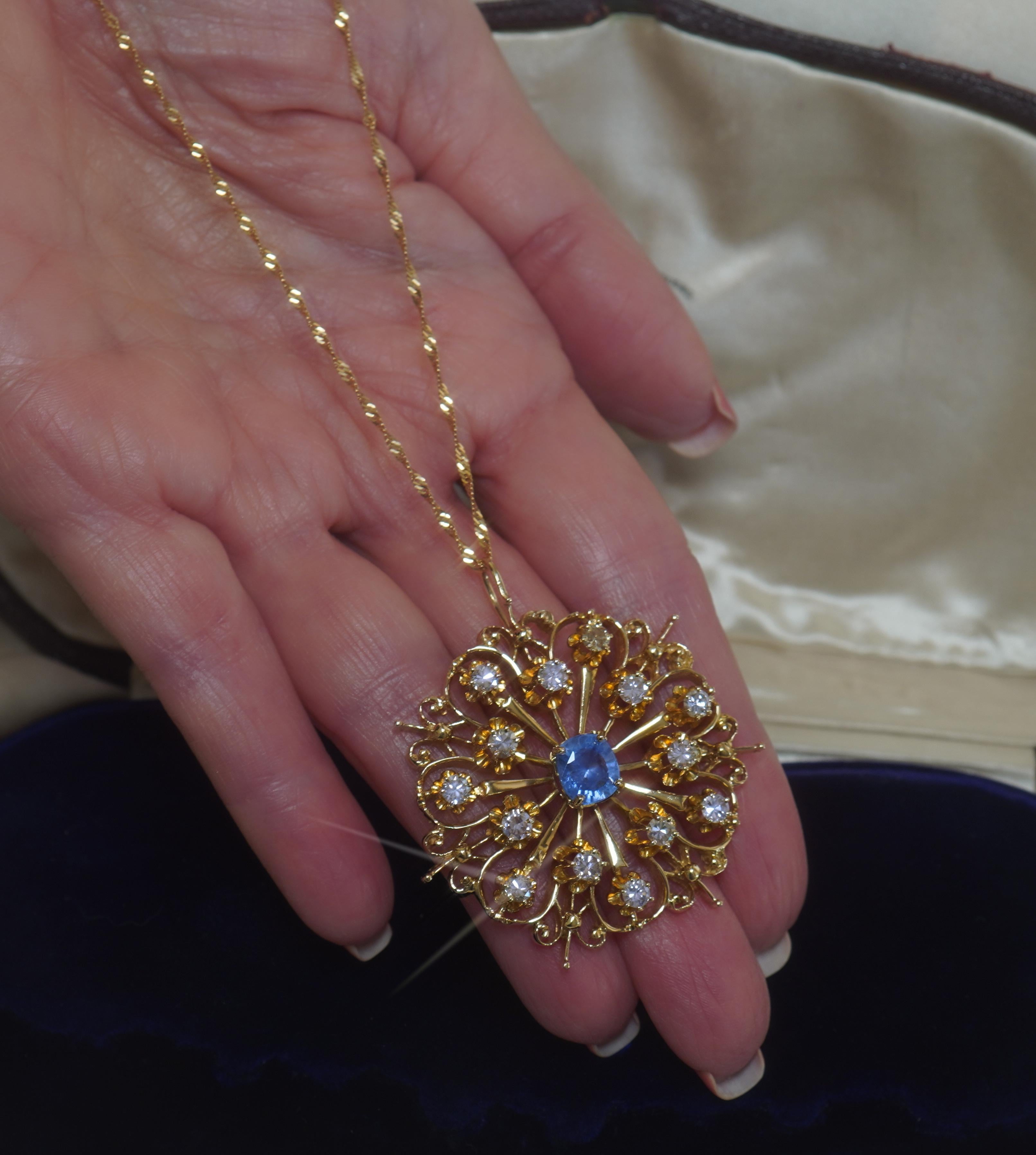 GIA Sapphire NO Heat Diamond 14K Pendant Vintage Necklace 18K Chain 5.46 Carats For Sale 8