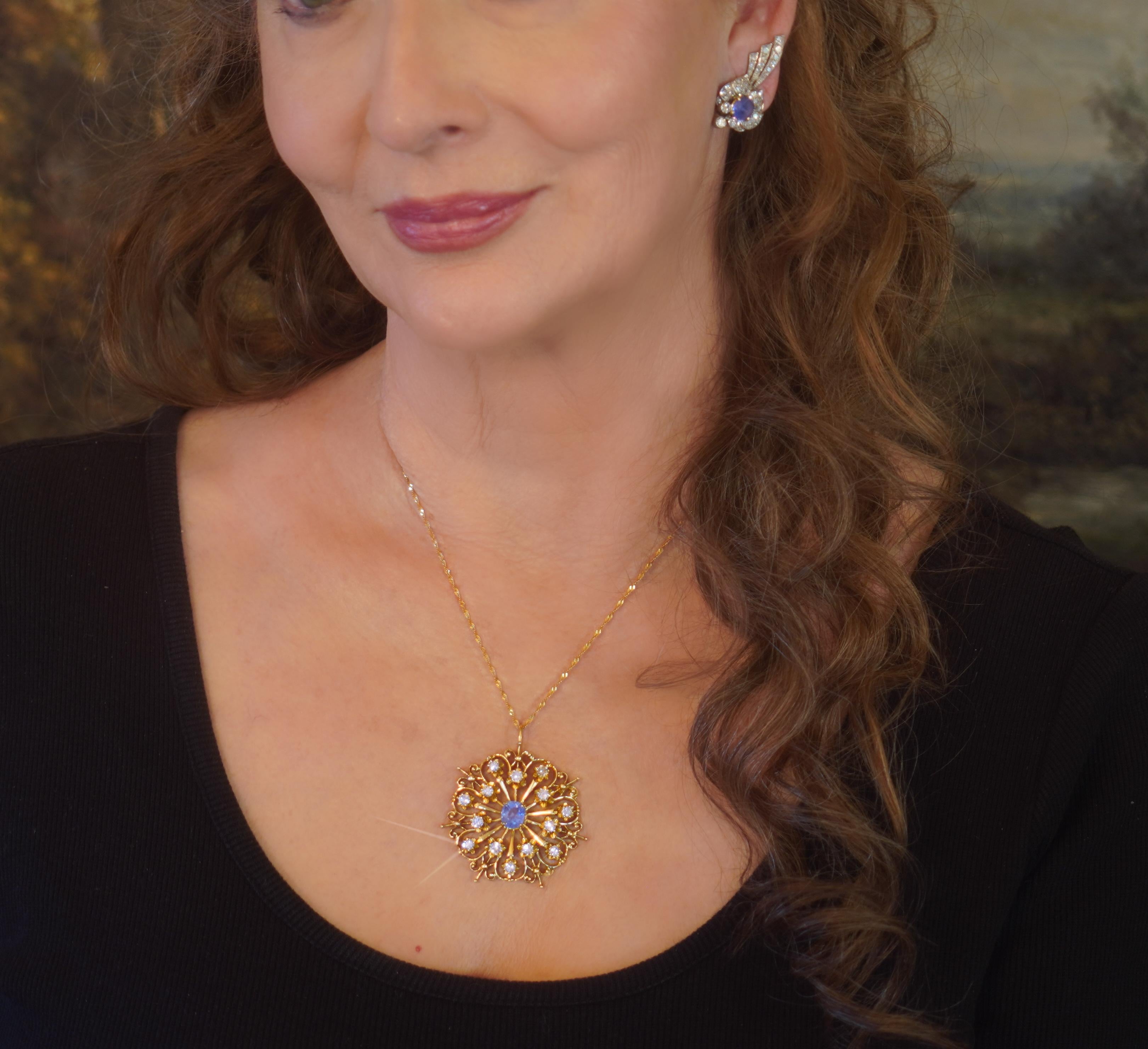 Old South Jewels proudly presents INTAGE LUXURY  HUGE GIA  5.46 CARAT UNHEATED SAPPHIRE DIAMOND ANTIQUE SOLID SOLID GOLD PENDANT NECKLACE!   3.10 CARAT TRANSPARENT BLUE GIA CERTIFIED NATURAL UNTREATED SAPPHIRE.  Gorgeous Sapphire is Crowned With