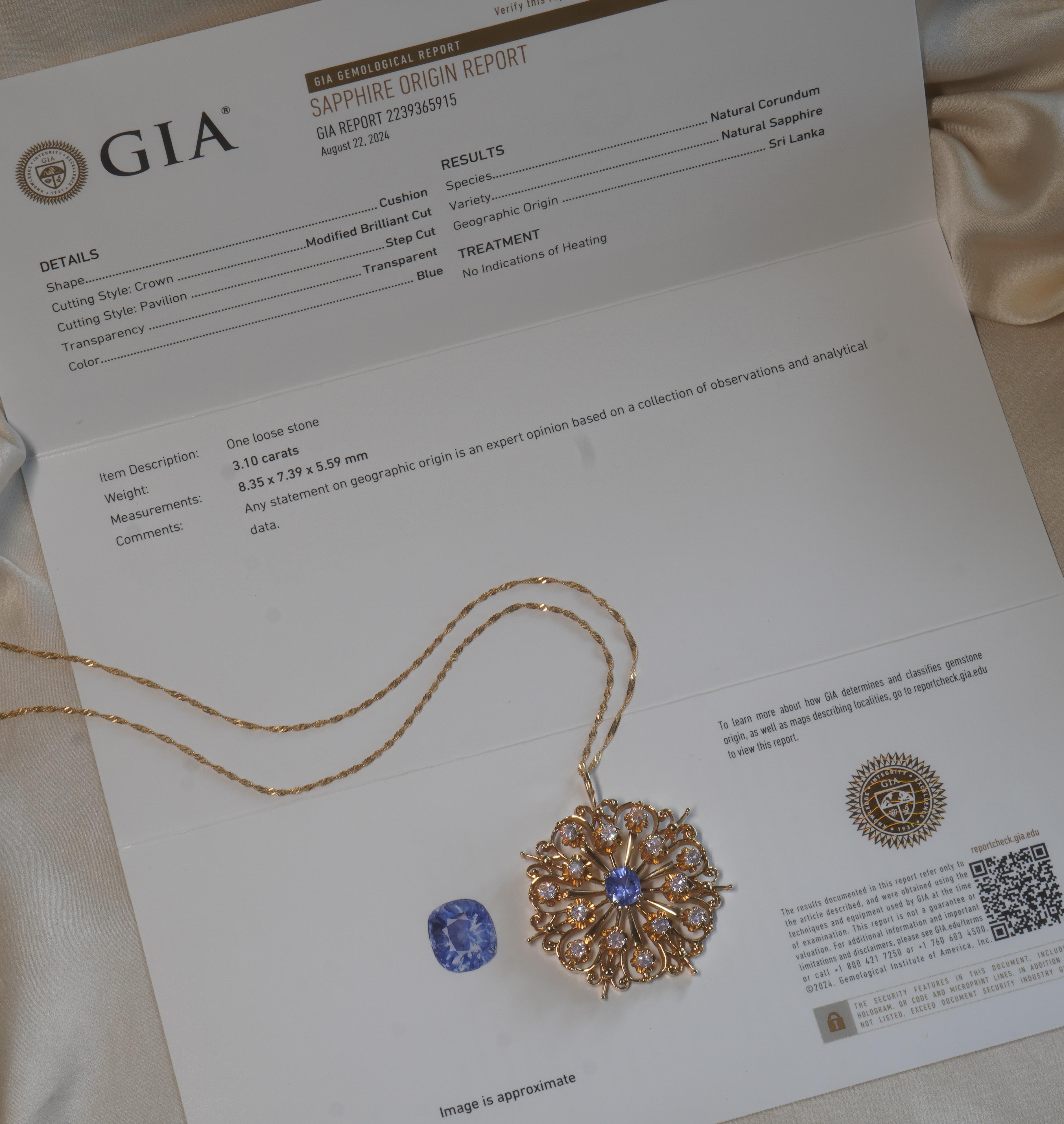 Victorian GIA Sapphire NO Heat Diamond 14K Pendant Vintage Necklace 18K Chain 5.46 Carats For Sale
