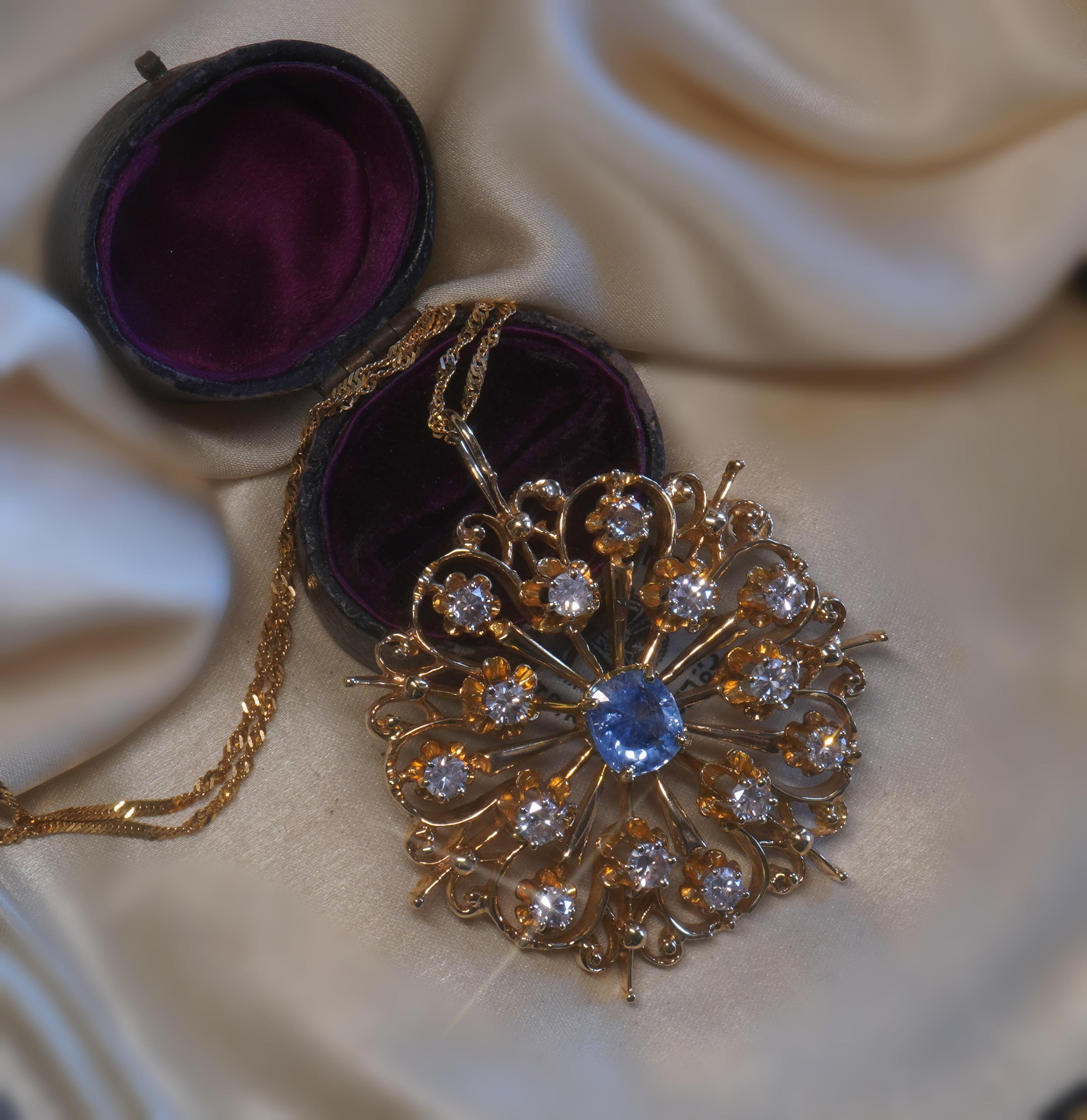 GIA Sapphire NO Heat Diamond 14K Pendant Vintage Necklace 18K Chain 5.46 Carats In Excellent Condition For Sale In Sylvania, GA