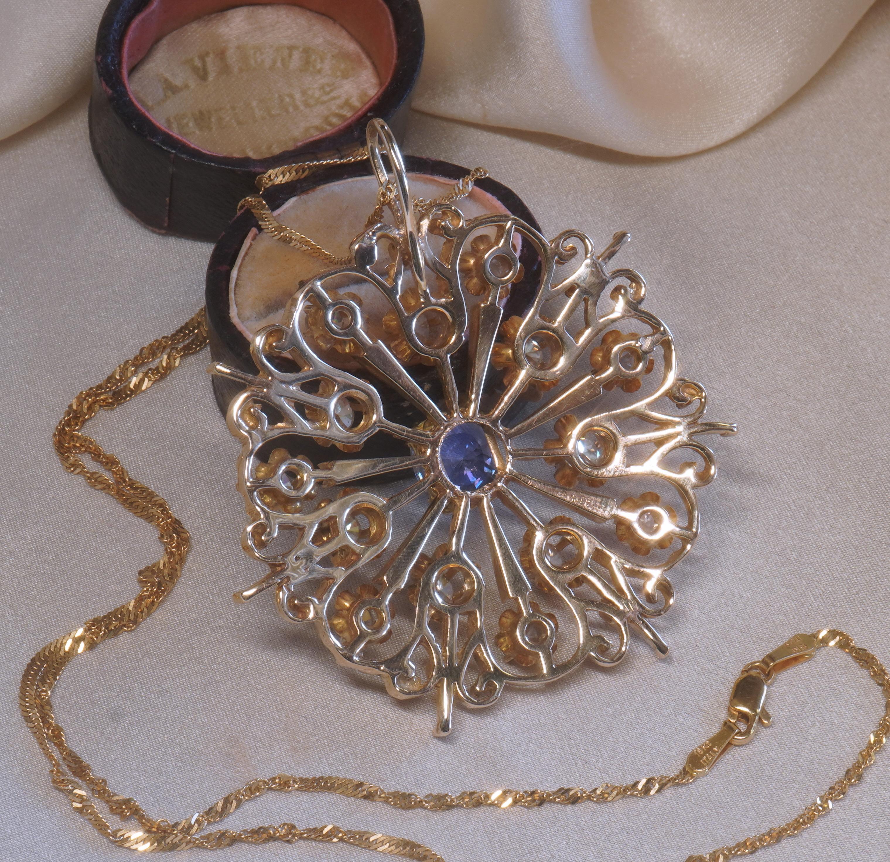 Women's GIA Sapphire NO Heat Diamond 14K Pendant Vintage Necklace 18K Chain 5.46 Carats For Sale