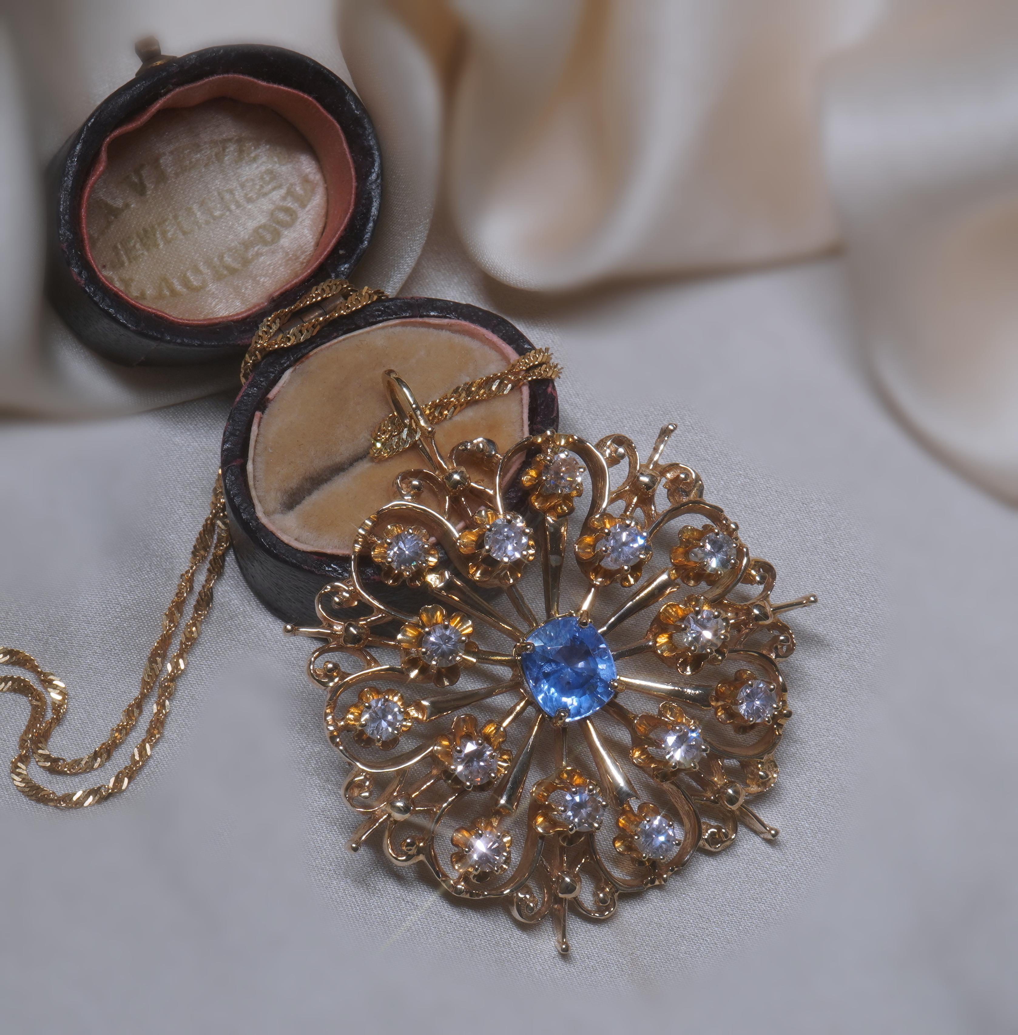 GIA Sapphire NO Heat Diamond 14K Pendant Vintage Necklace 18K Chain 5.46 Carats For Sale 1