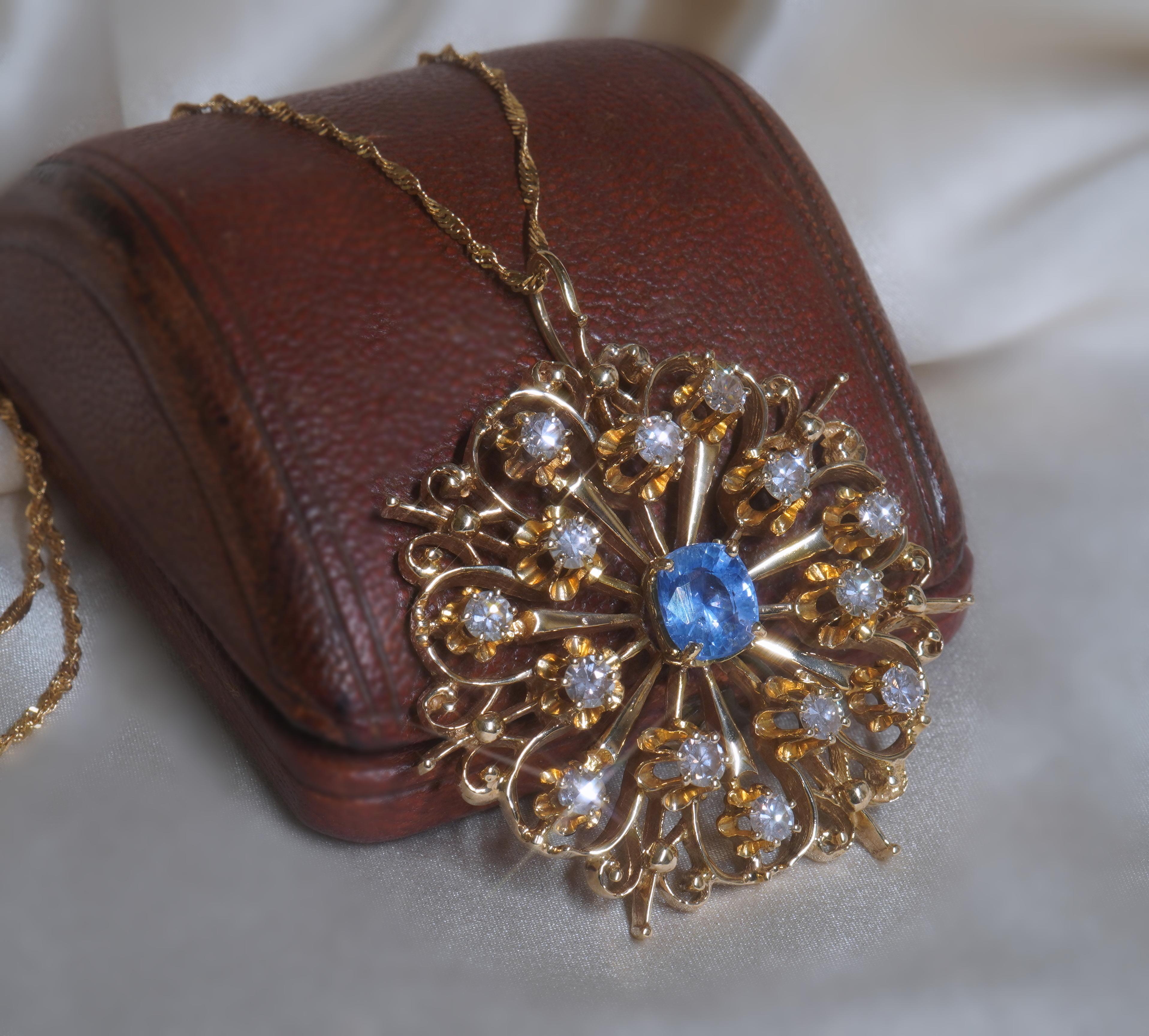 GIA Sapphire NO Heat Diamond 14K Pendant Vintage Necklace 18K Chain 5.46 Carats For Sale 2
