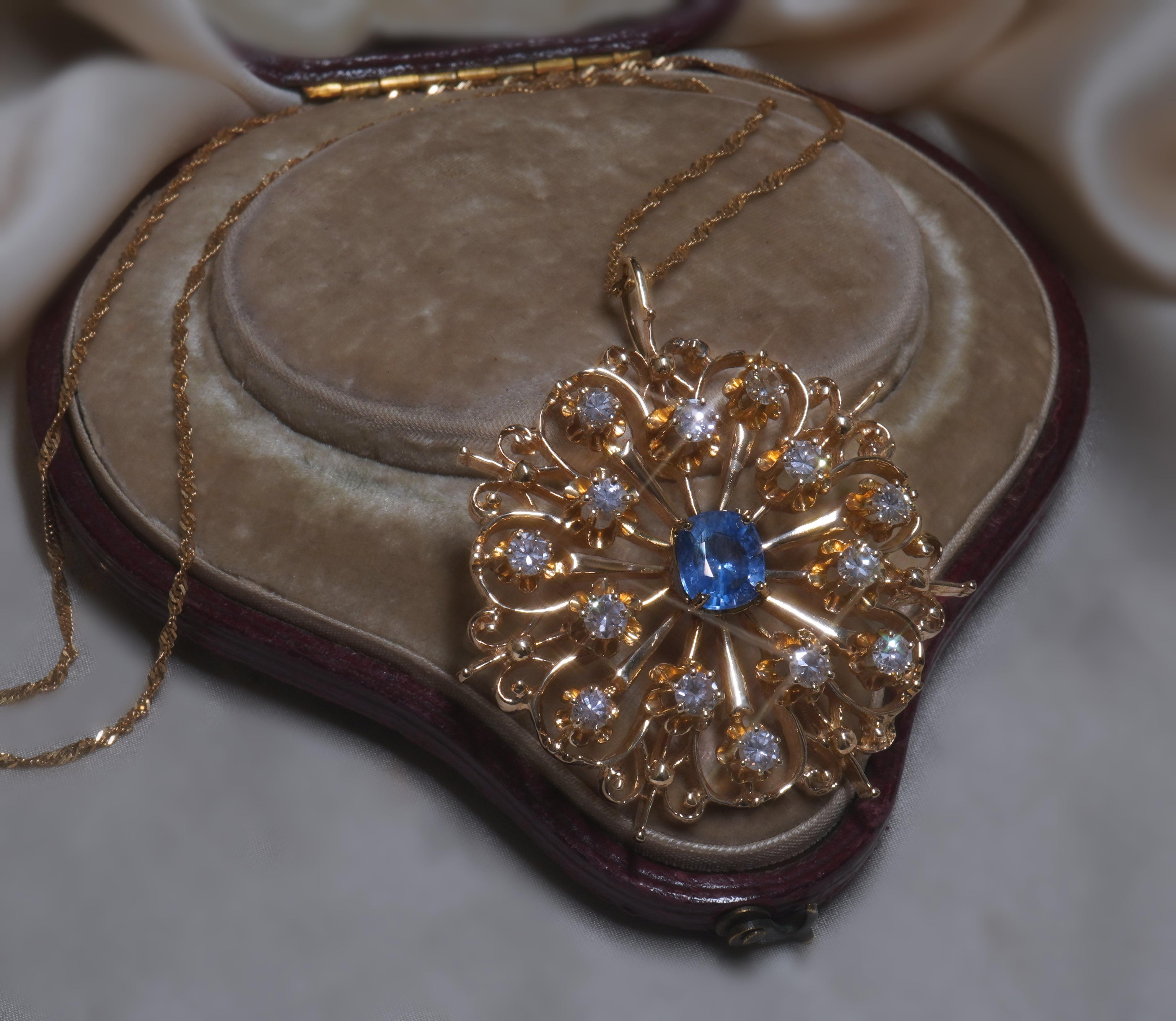 GIA Sapphire NO Heat Diamond 14K Pendant Vintage Necklace 18K Chain 5.46 Carats For Sale 3