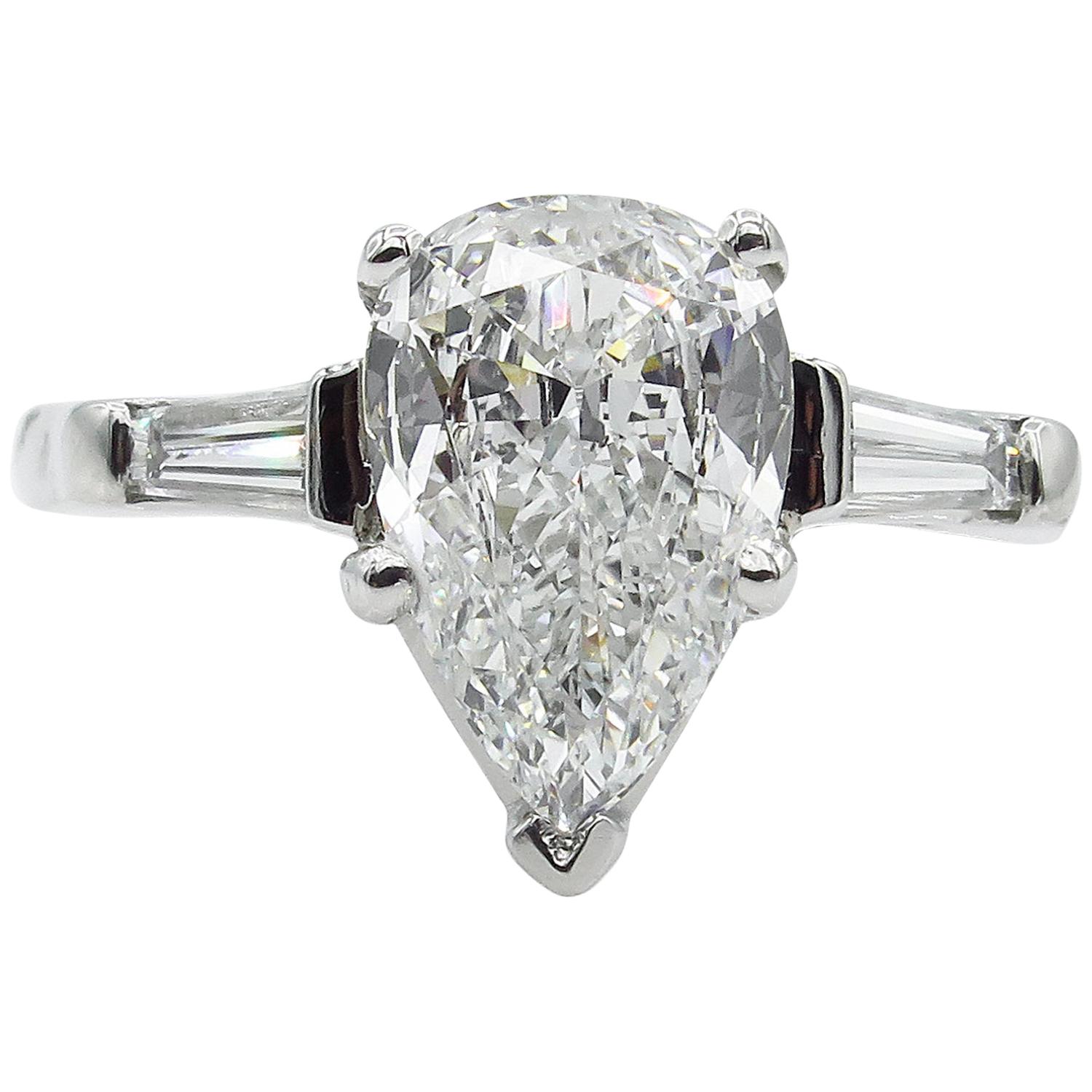 GIA Shy 2.00 Carat Colorless Pear Diamond Engagement Wedding Platinum Ring