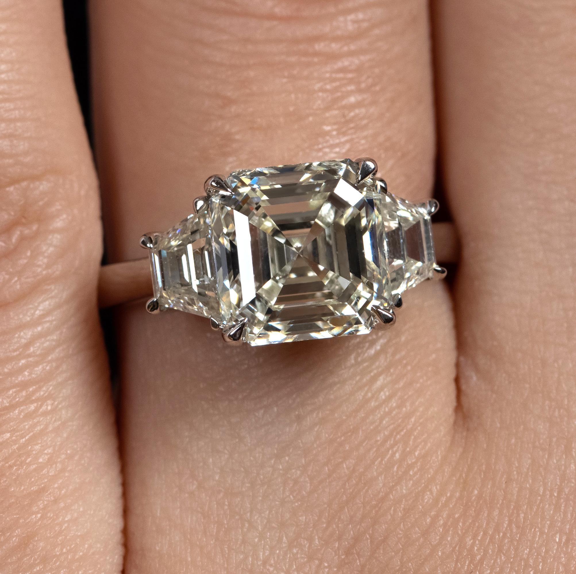Women's GIA Shy 5 Ct Estate Vintage Asscher Diamond 3 Stone Engagement Wedding Platinum