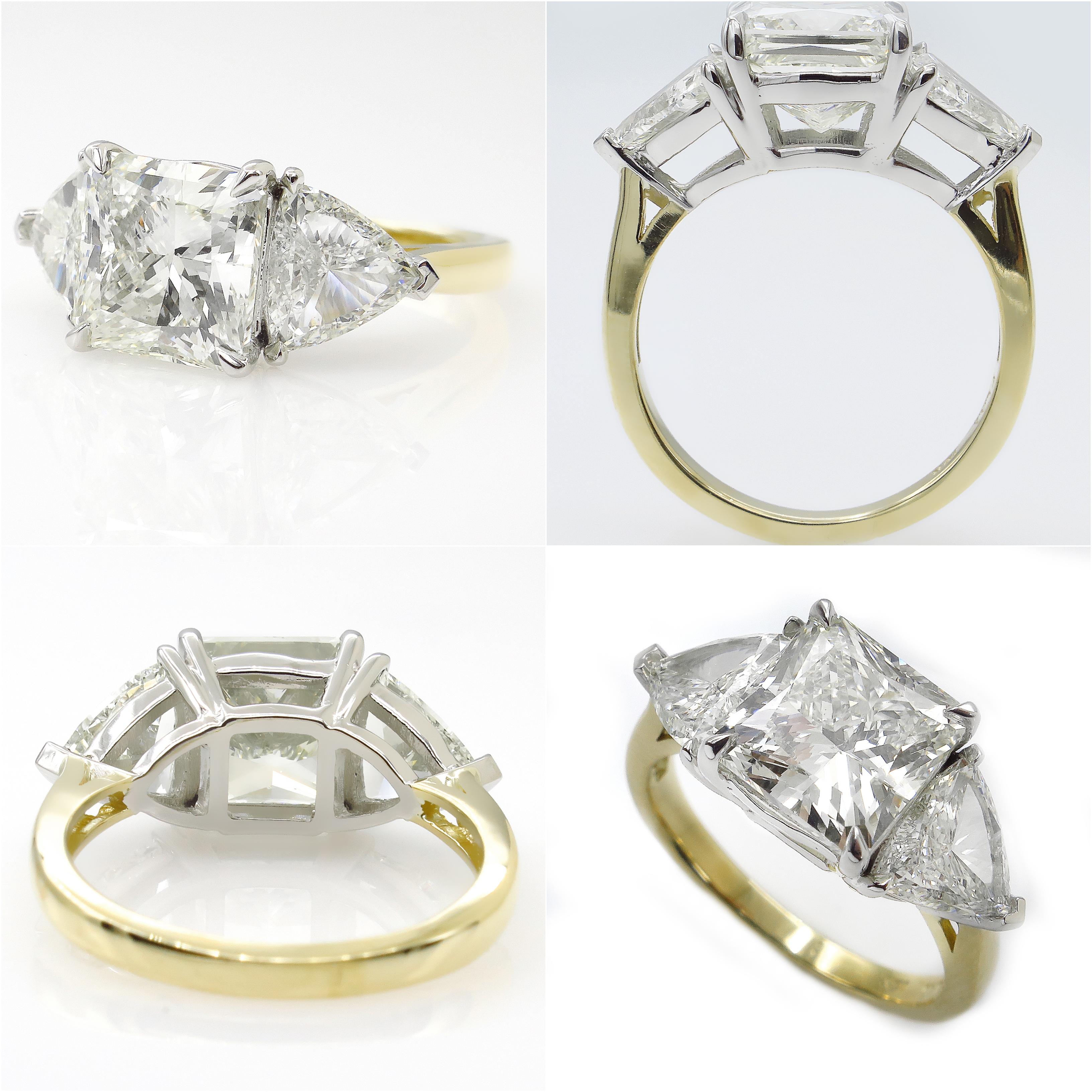 Radiant Cut GIA Shy 5.00 Carat Radiant Diamond 3-Stone Wedding Plat Yellow Gold Ring