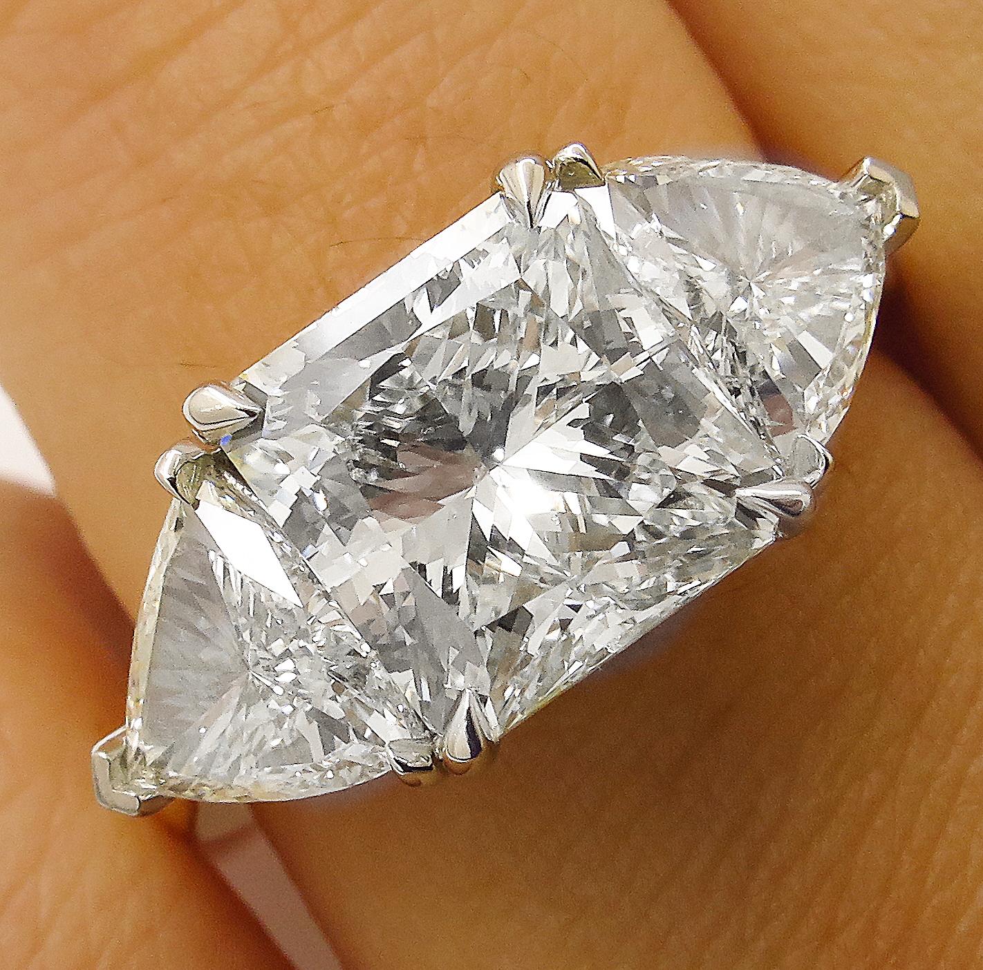 GIA Shy 5.00 Carat Radiant Diamond 3-Stone Wedding Plat Yellow Gold Ring 3