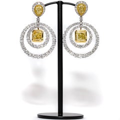 Bespoke GIA Square Pear 19.38 Carat Yellow White Platinum Diamond Drop Earrings