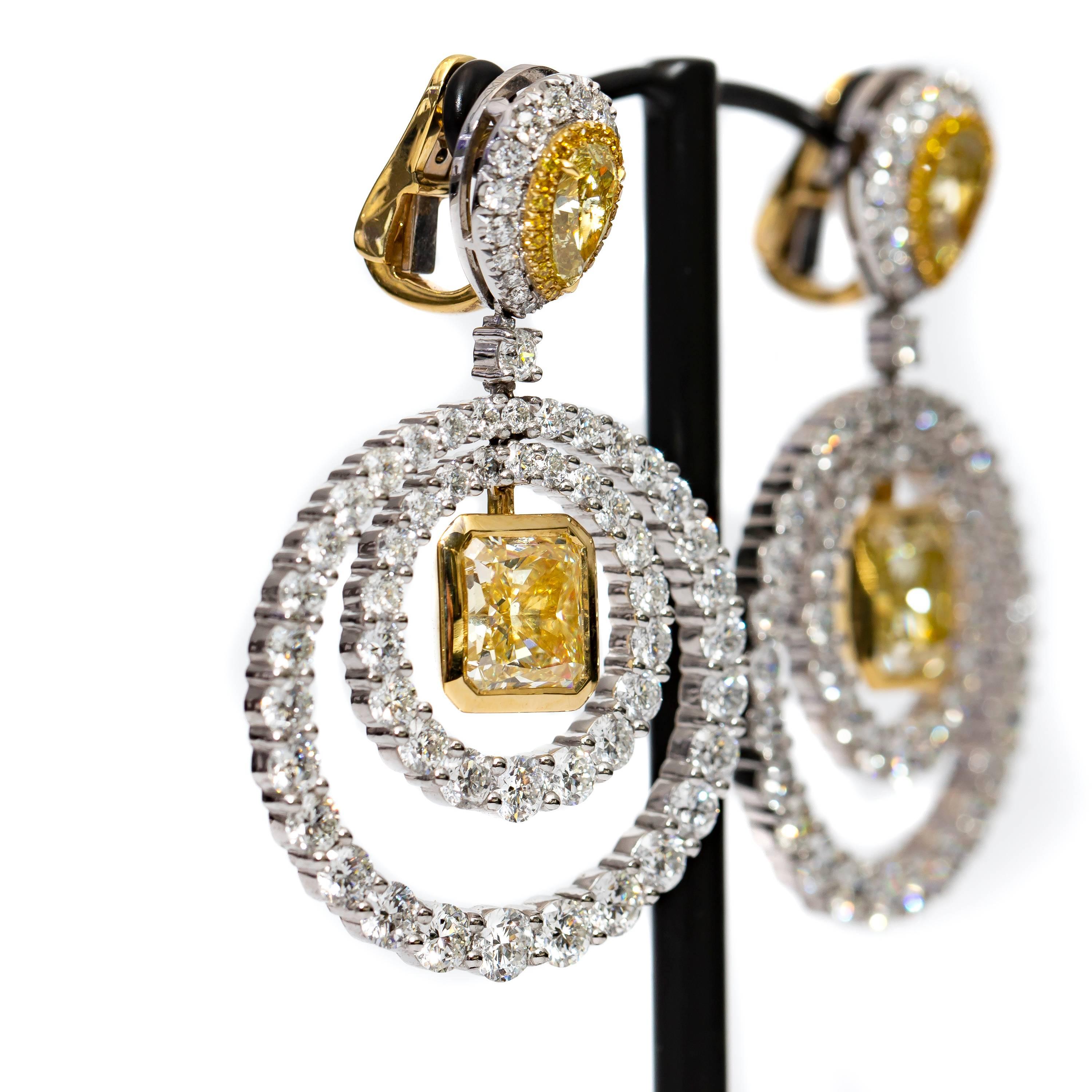 Modern Bespoke GIA Square Pear 19.38 Carat Yellow White Platinum Diamond Drop Earrings For Sale