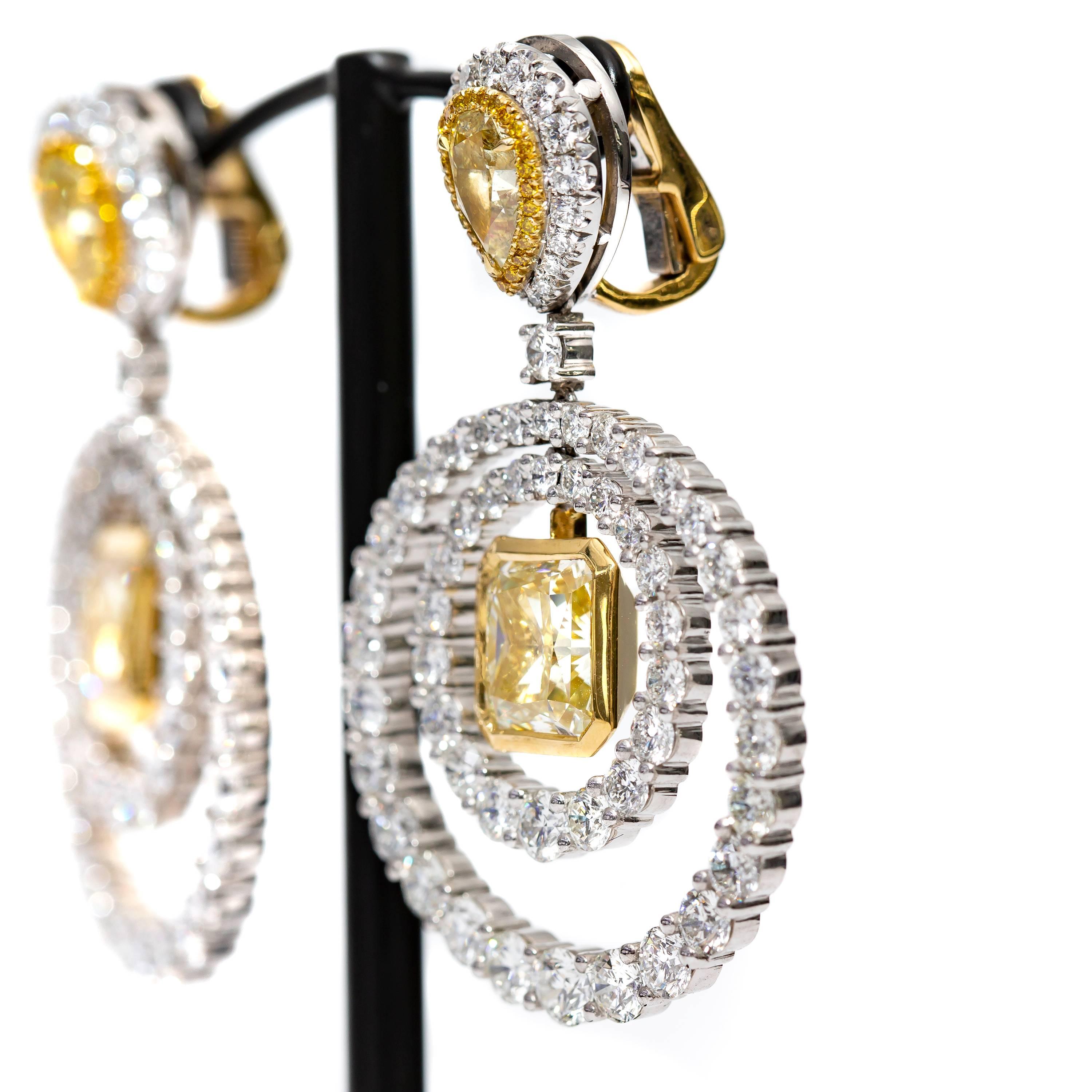 Radiant Cut Bespoke GIA Square Pear 19.38 Carat Yellow White Platinum Diamond Drop Earrings For Sale
