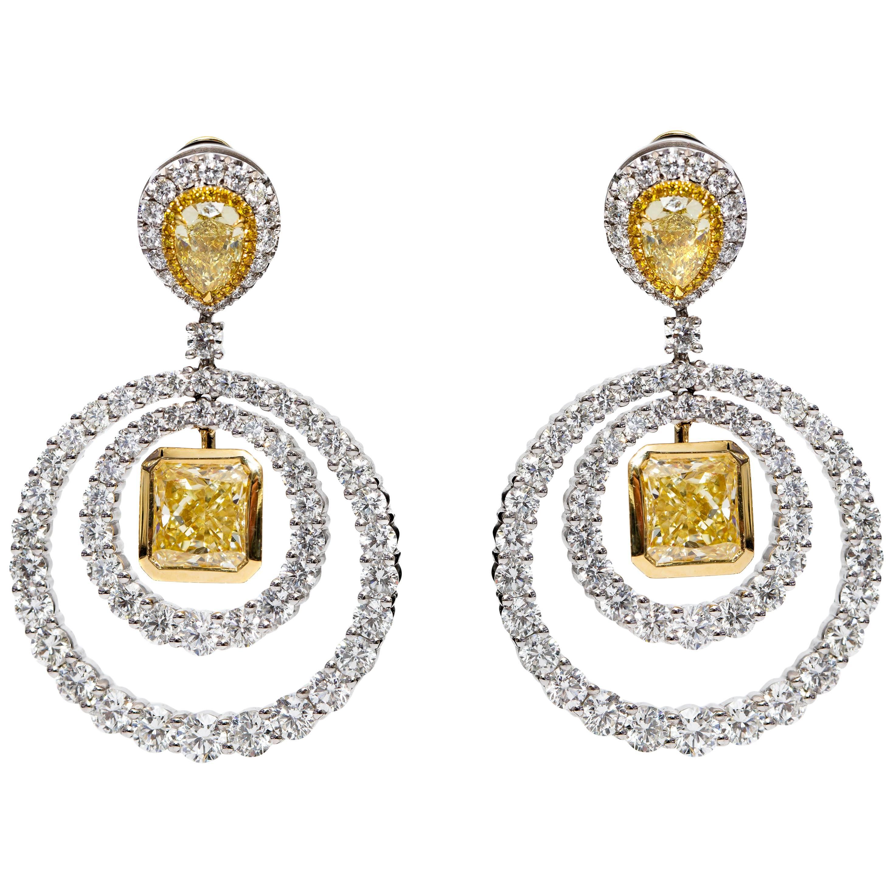 Bespoke GIA Square Pear 19.38 Carat Yellow White Platinum Diamond Drop Earrings For Sale