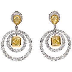 Bespoke GIA Square Pear 19.38 Carat Yellow White Platinum Diamond Drop Earrings