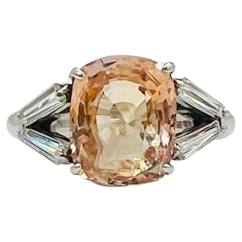 GIA Sri Lanka Heated 5.29 Carat Padparadscha Three-Stone Ring in Platinum For Sale