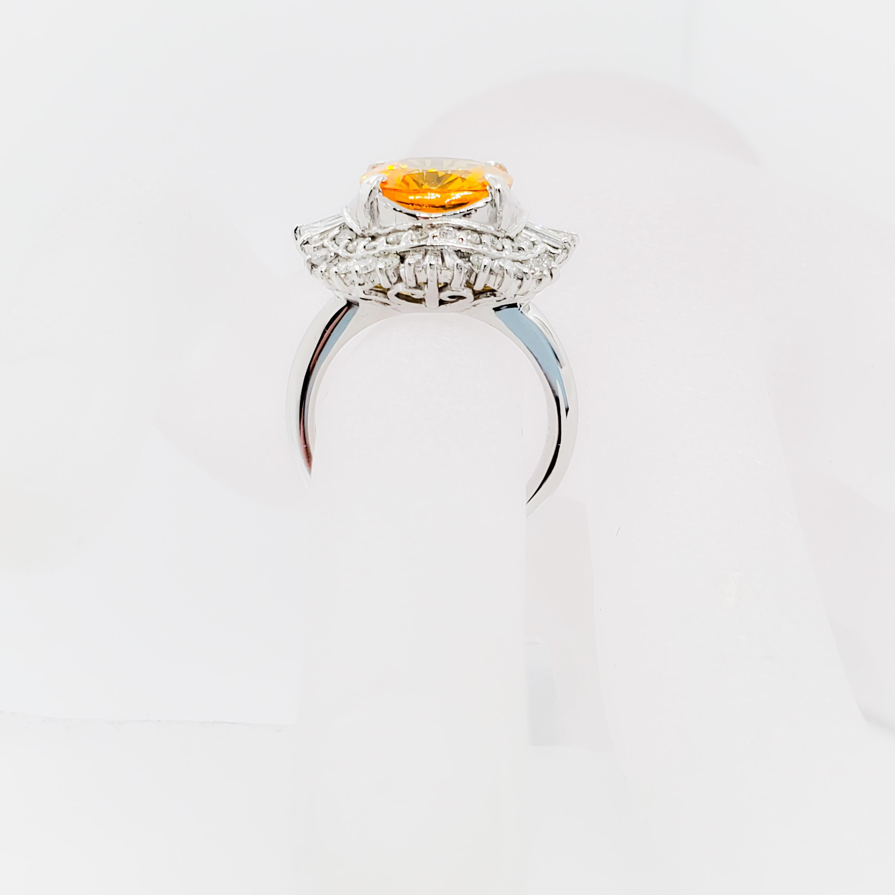 GIA Sri Lanka Orange Yellow Sapphire Cushion and White Diamond Cocktail Ring In Excellent Condition In Los Angeles, CA