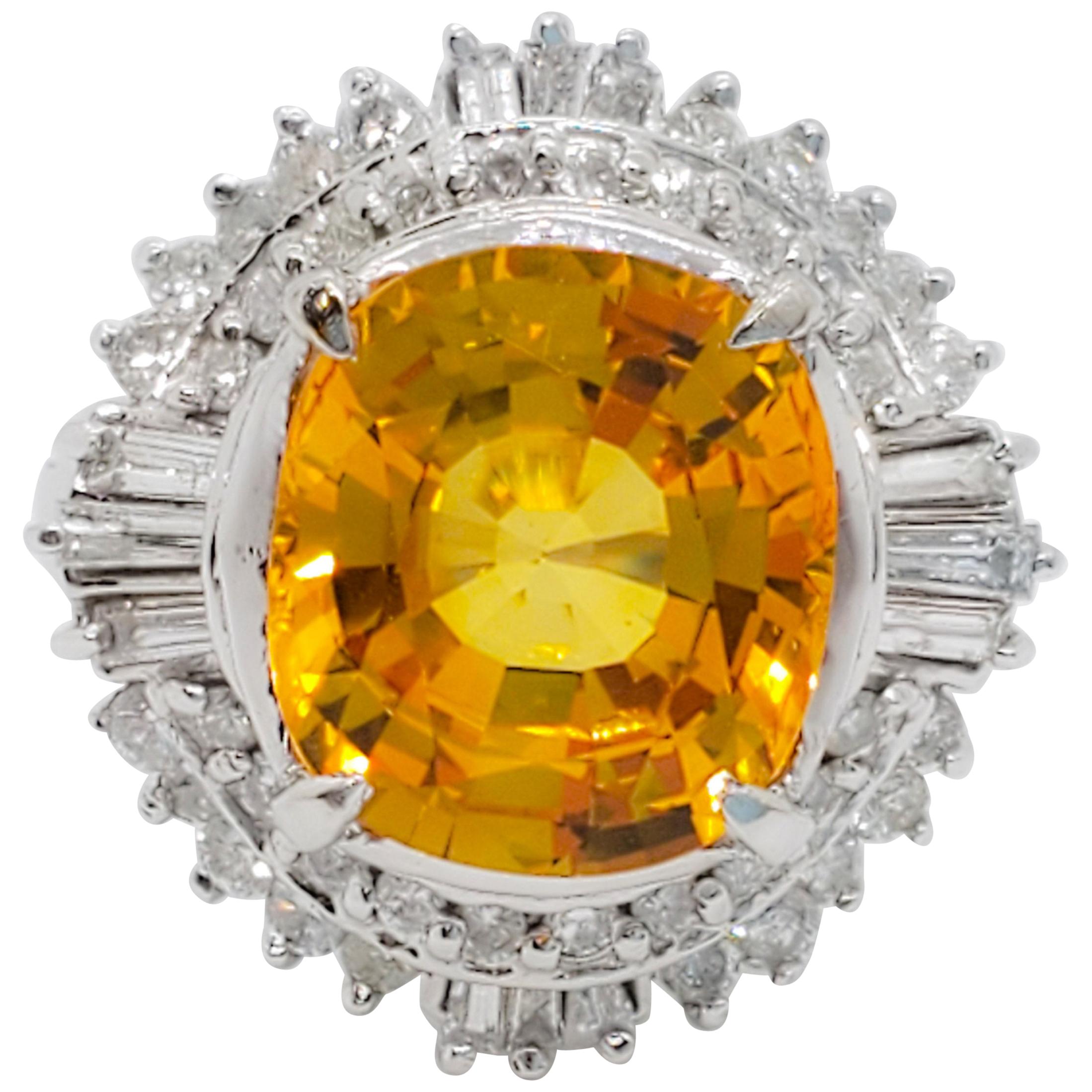 GIA Sri Lanka Orange Yellow Sapphire Cushion and White Diamond Cocktail Ring