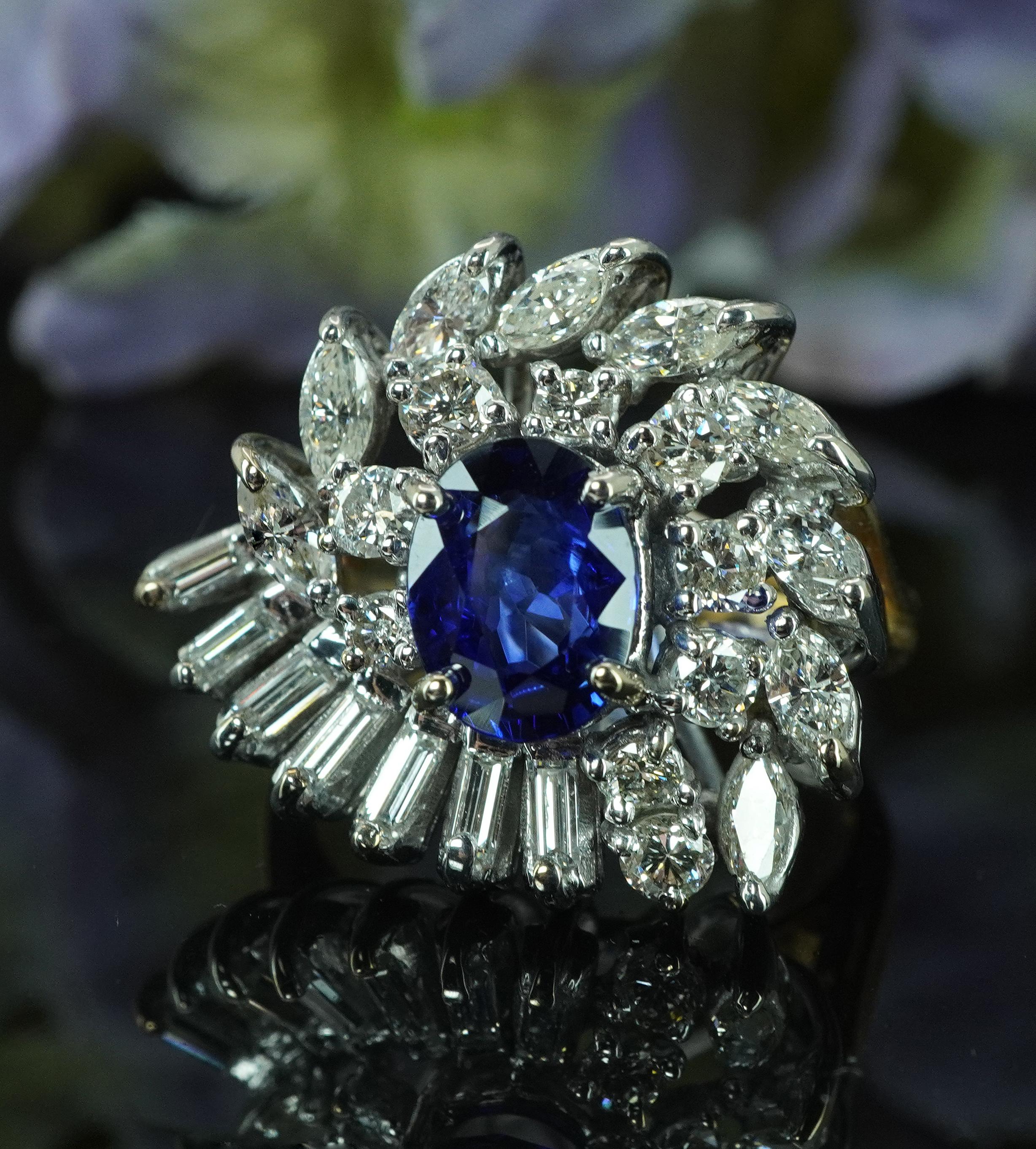 GIA Sri Lanka Zafiro Marquesa Baguette Diamante Anillo Oro 14K 4,6ct Gigante Años 50 Retro en venta