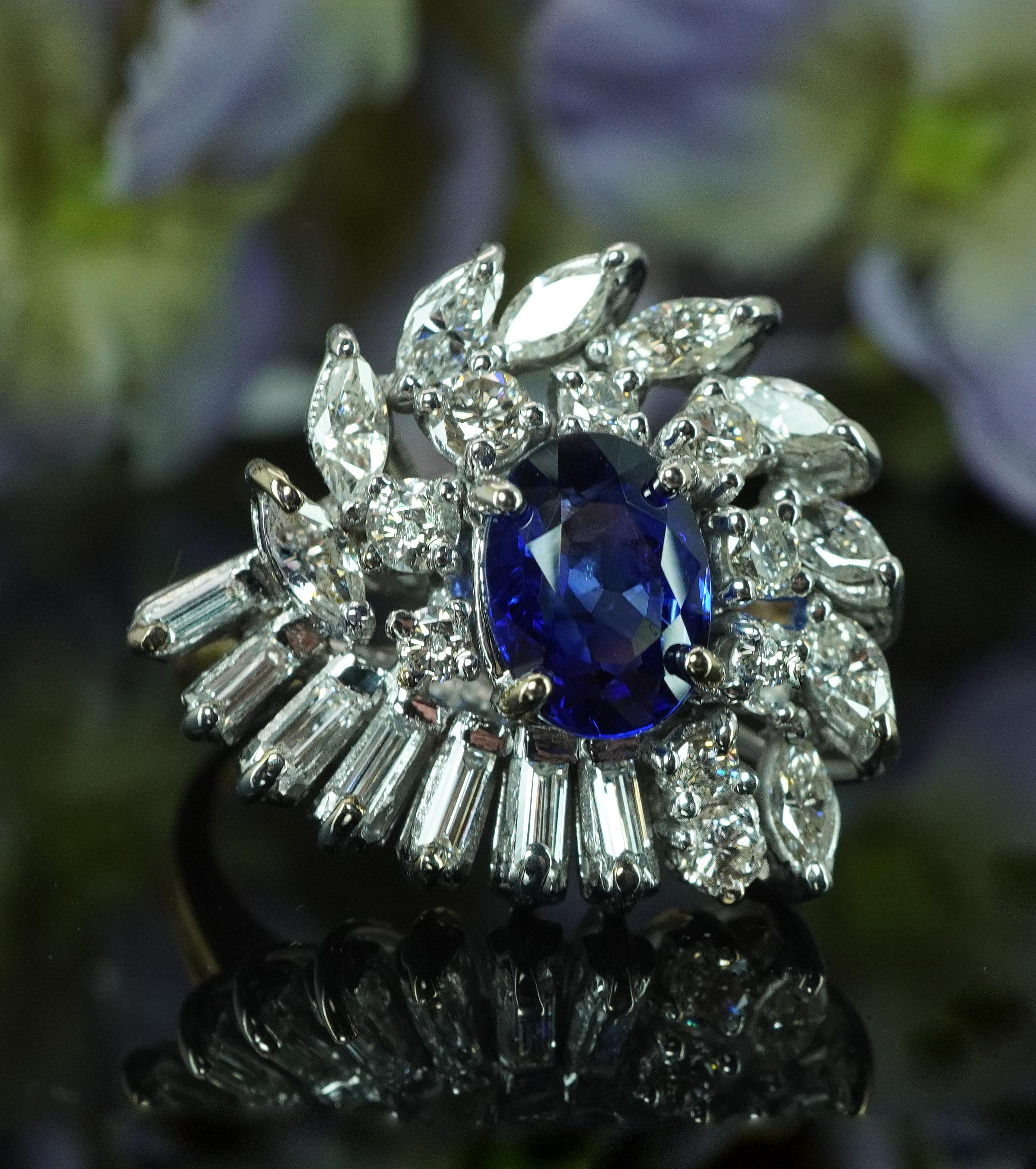 GIA Sri Lanka Zafiro Marquesa Baguette Diamante Anillo Oro 14K 4,6ct Gigante Años 50 en Bueno estado para la venta en Brambleton, US