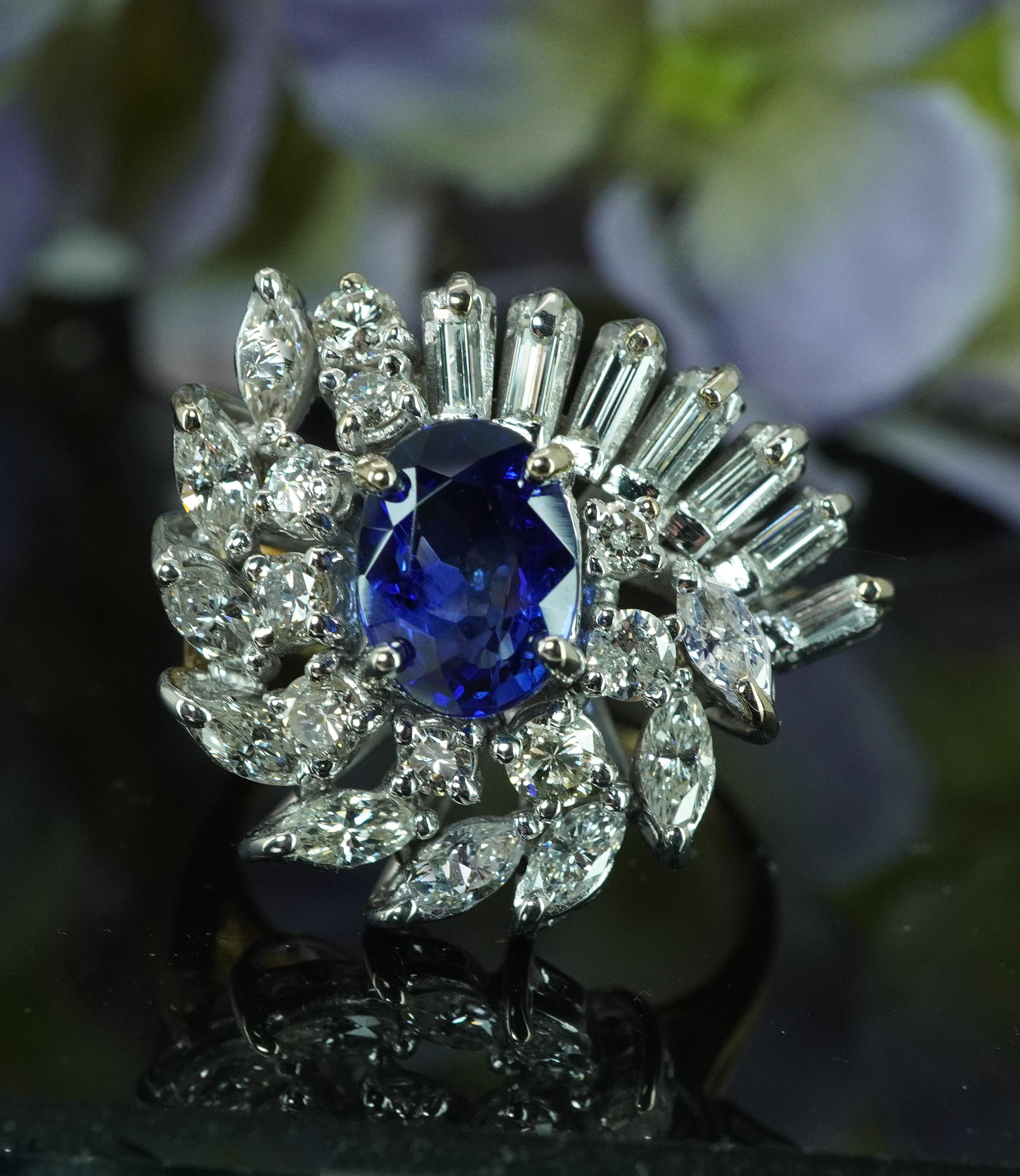 De las mujeres GIA Sri Lanka Zafiro Marquesa Baguette Diamante Anillo Oro 14K 4,6ct Gigante Años 50 en venta