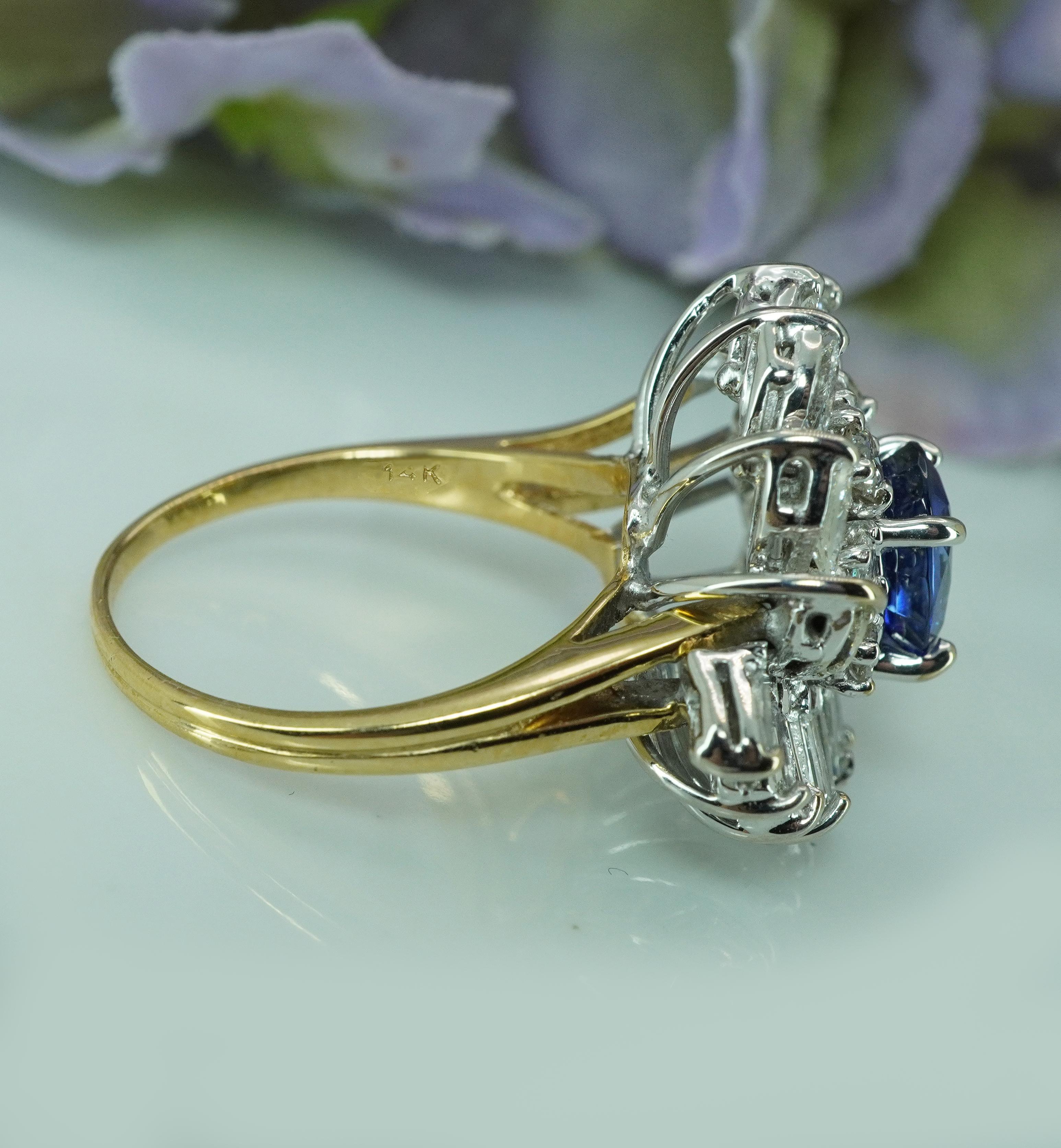 GIA Sri Lanka Zafiro Marquesa Baguette Diamante Anillo Oro 14K 4,6ct Gigante Años 50 en venta 2