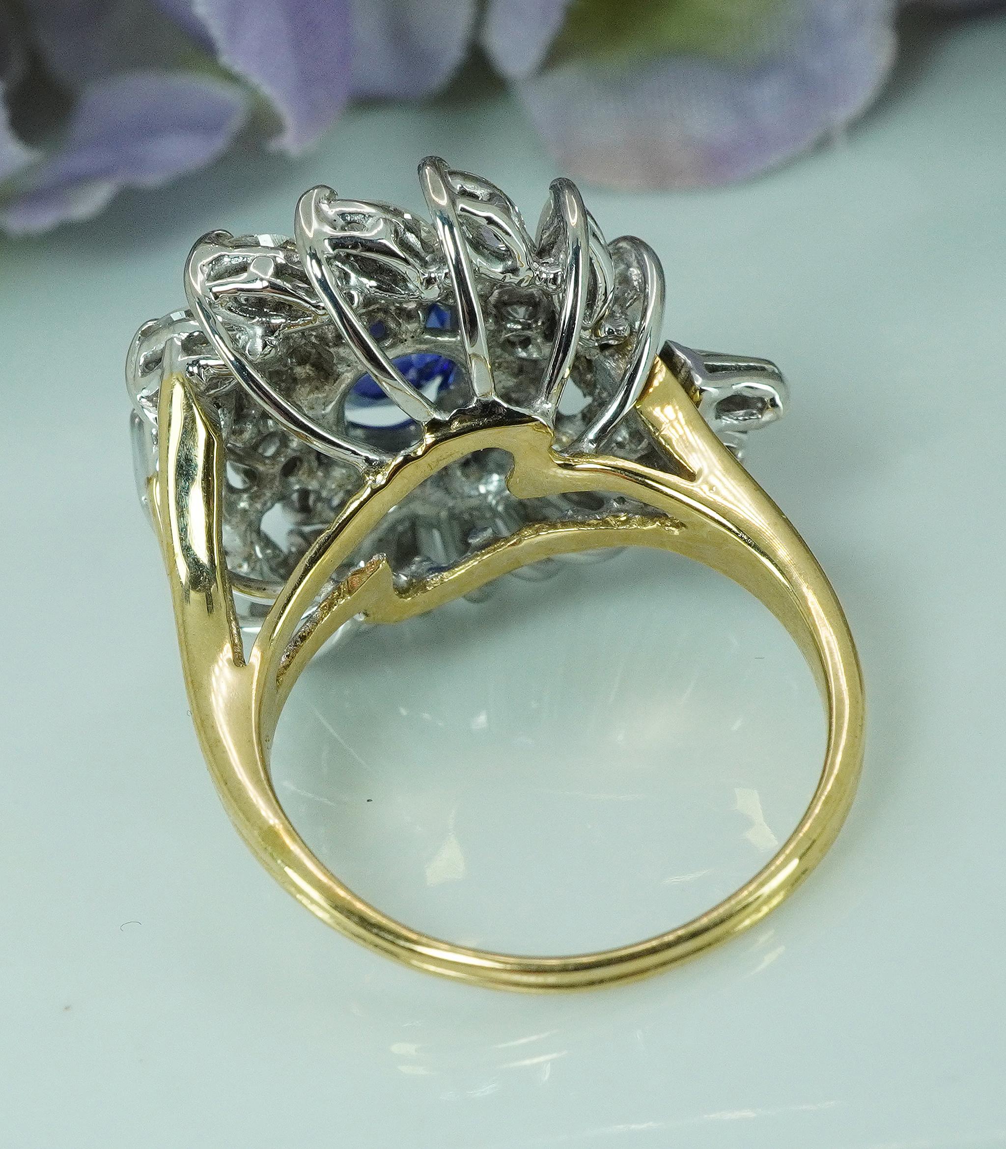 GIA Sri Lanka Zafiro Marquesa Baguette Diamante Anillo Oro 14K 4,6ct Gigante Años 50 en venta 3