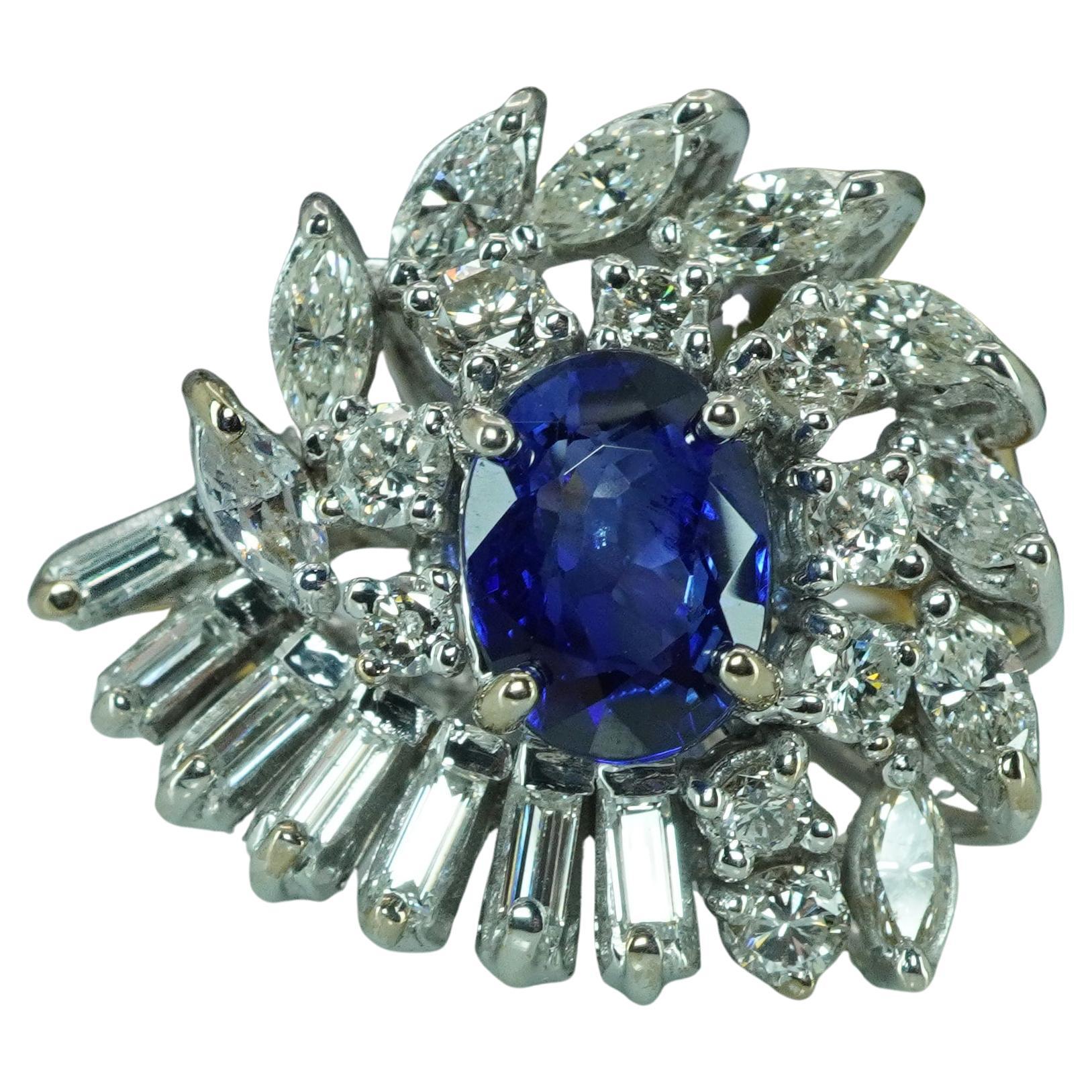 GIA Sri Lanka Zafiro Marquesa Baguette Diamante Anillo Oro 14K 4,6ct Gigante Años 50 en venta