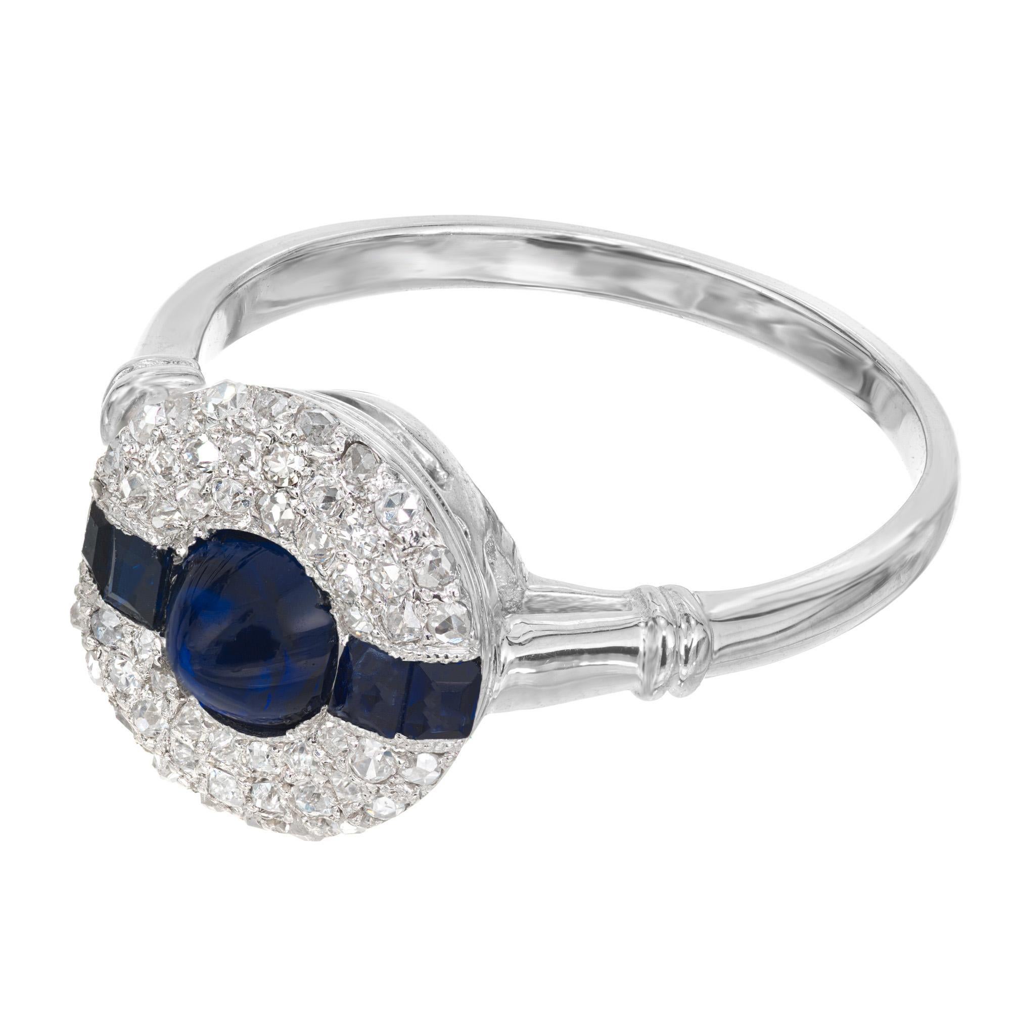 Round Cut GIA Sugar Loaf Blue .75 Carat Sapphire Diamond Halo Platinum Engagement Ring For Sale