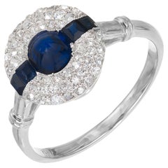 Antique GIA Sugar Loaf Blue .75 Carat Sapphire Diamond Halo Platinum Engagement Ring