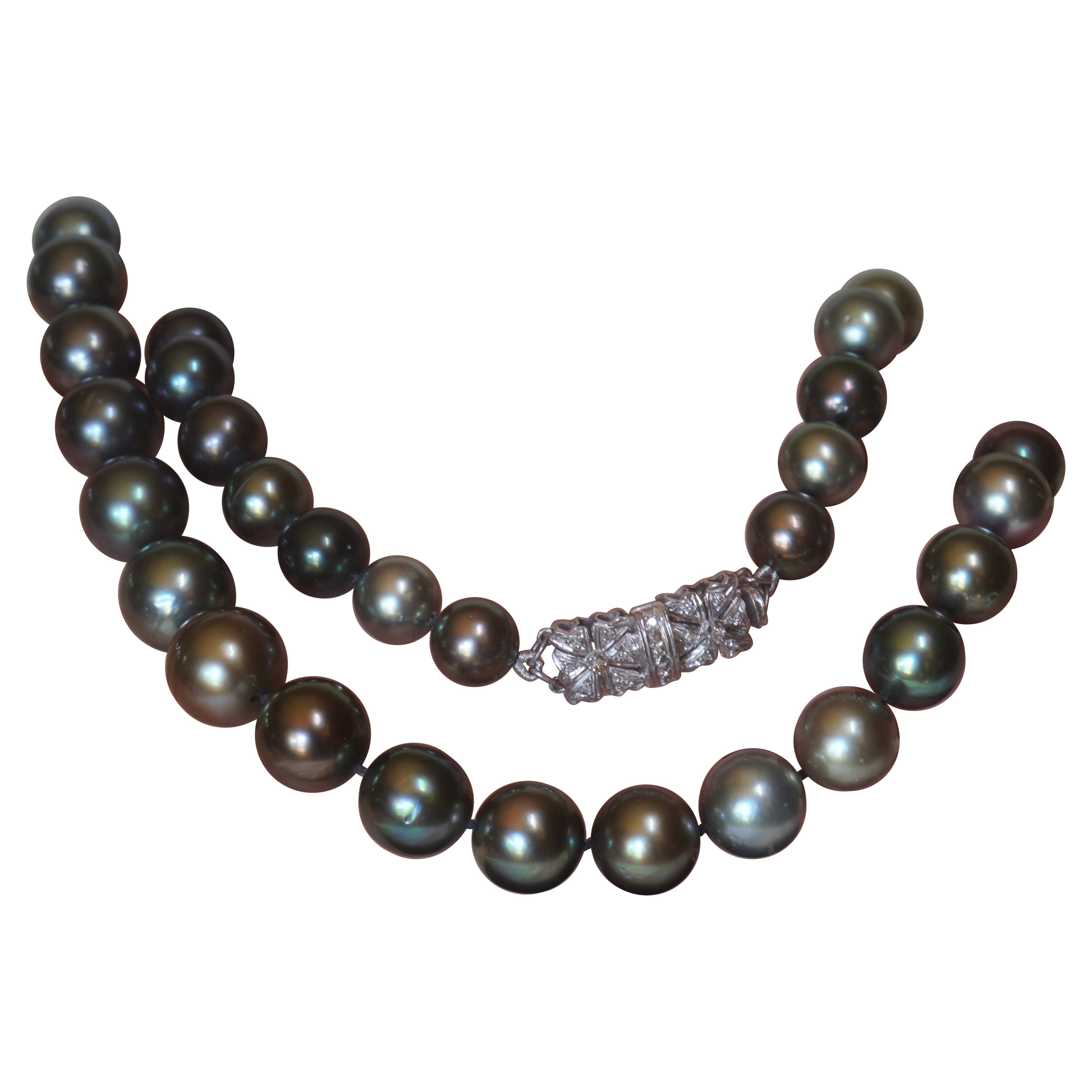 GIA Tahitian Pearl 18K Diamond Vintage Necklace Saltwater Strand Fine Huge 13 mm In Excellent Condition In Sylvania, GA