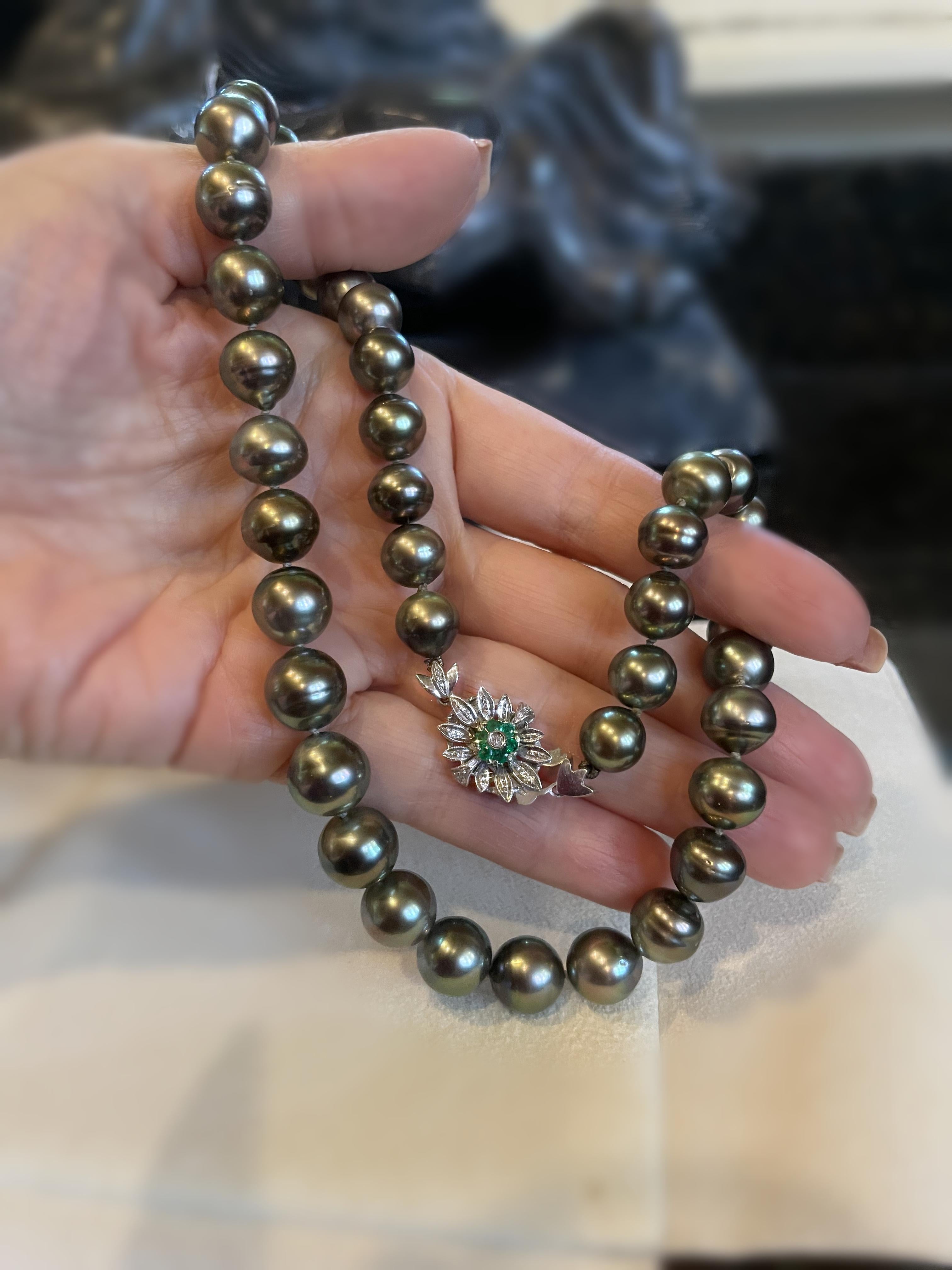 GIA Tahitian Pearl 18K Emerald Diamond Vintage Necklace Strand Fine Huge 11.5 MM en vente 5