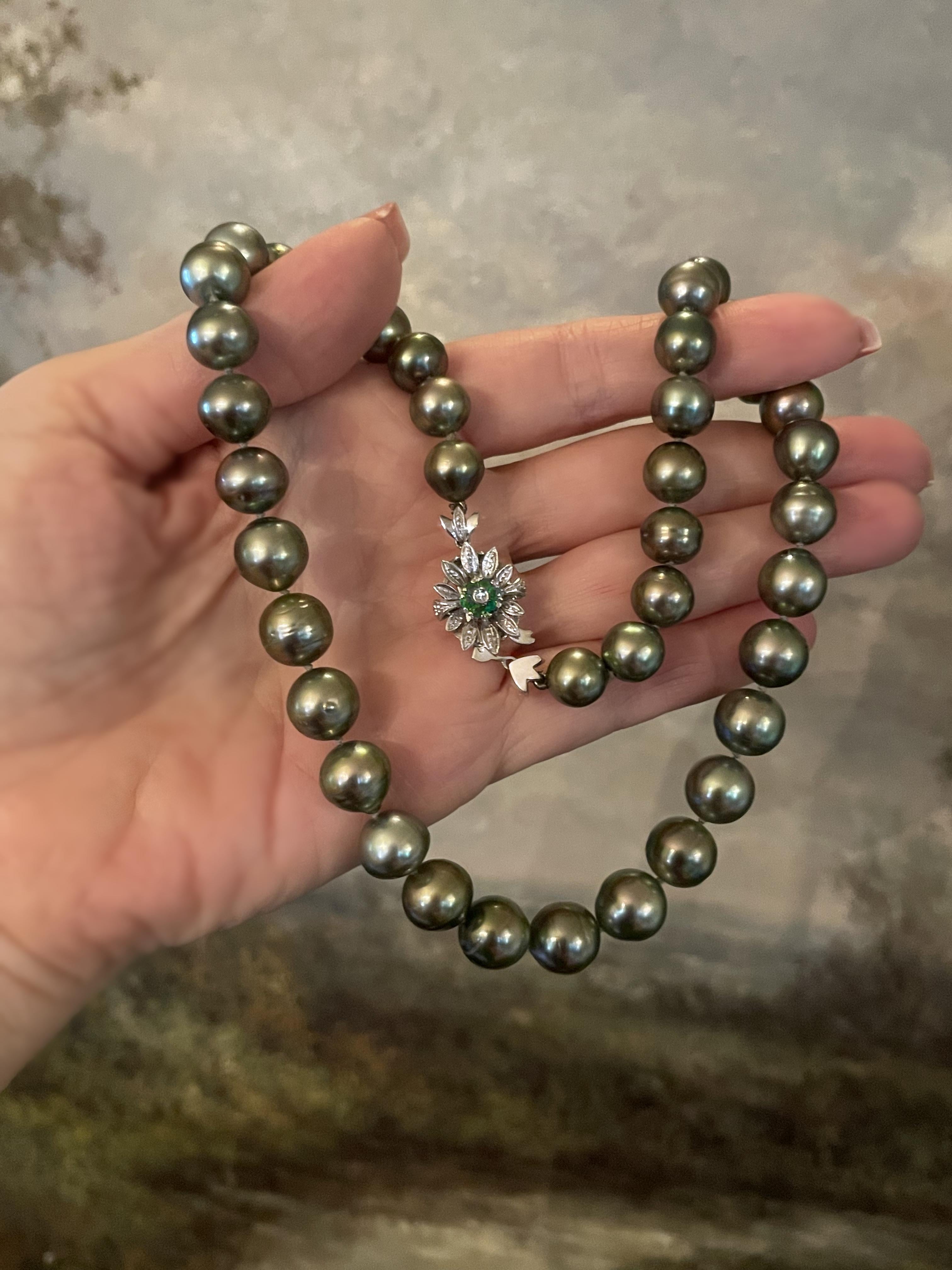 GIA Tahitian Pearl 18K Emerald Diamond Vintage Necklace Strand Fine Huge 11.5 MM en vente 7