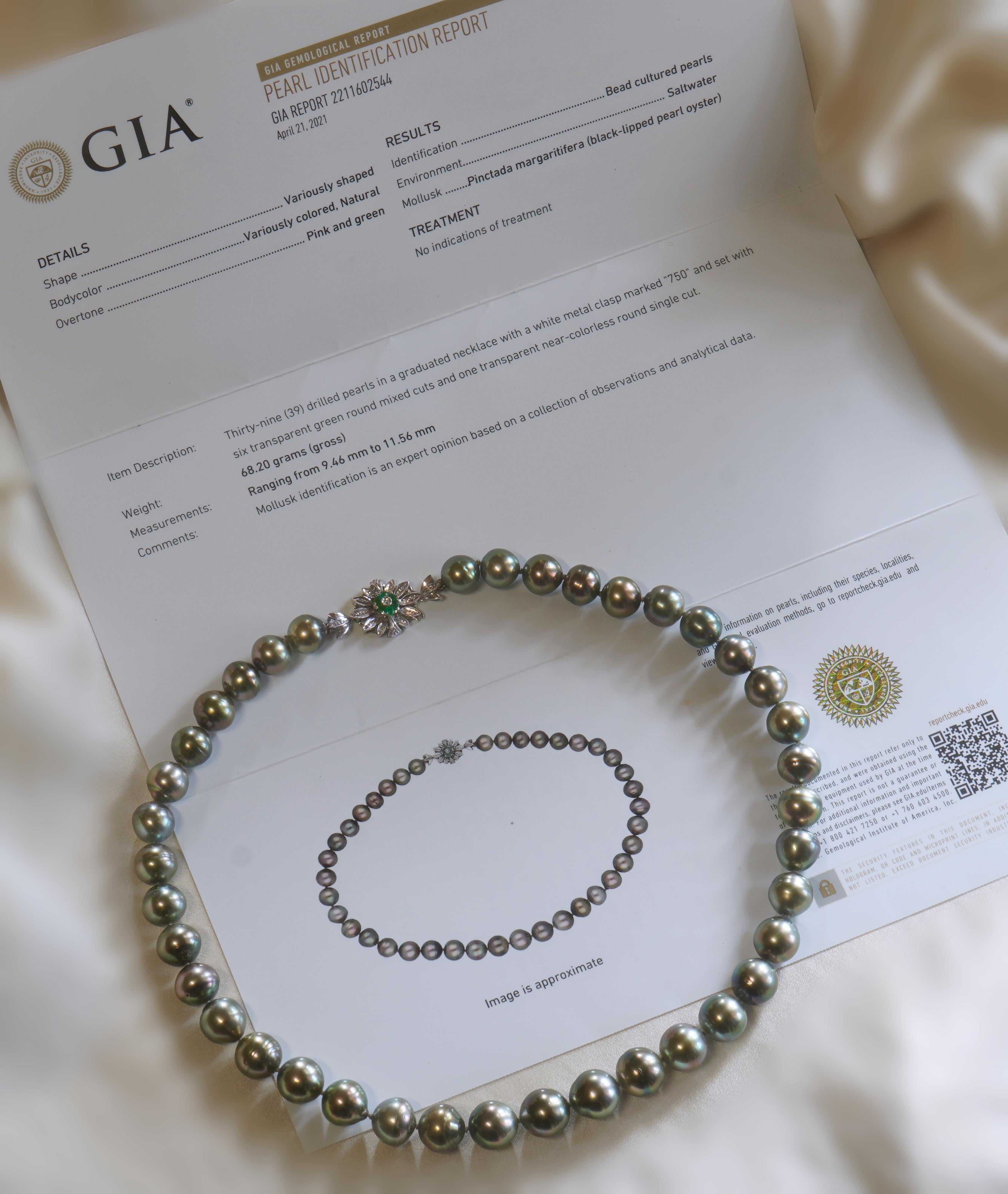 Taille ronde GIA Tahitian Pearl 18K Emerald Diamond Vintage Necklace Strand Fine Huge 11.5 MM en vente