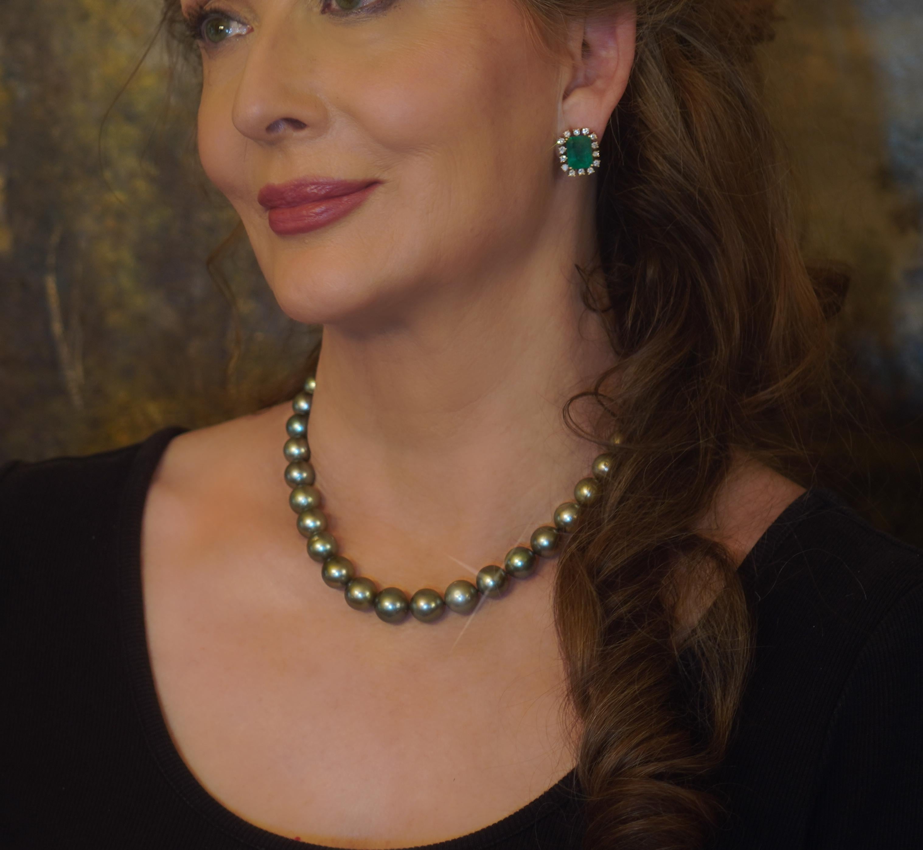 GIA Tahitian Pearl 18K Emerald Diamond Vintage Necklace Strand Fine Huge 11.5 MM en vente 1