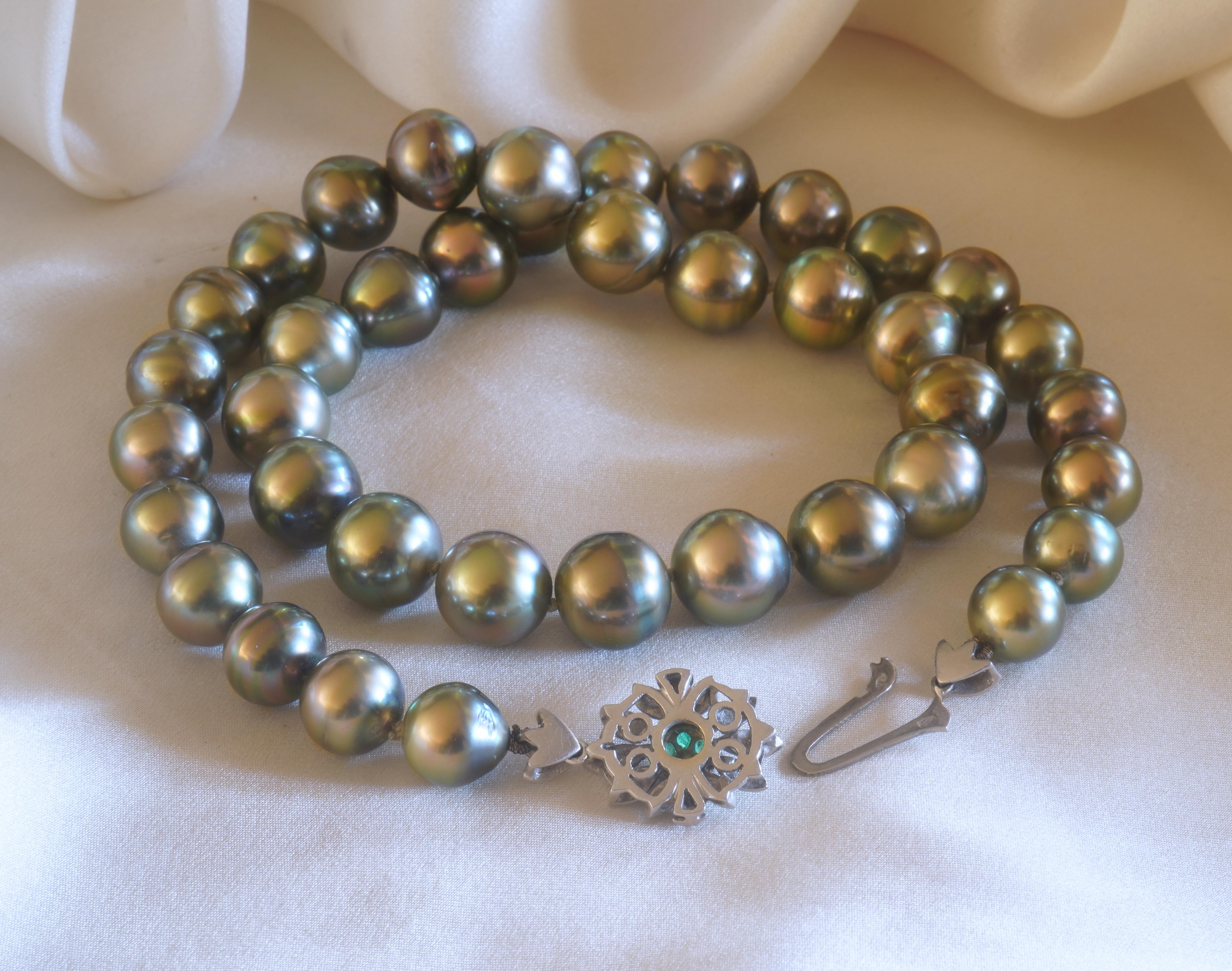 GIA Tahitian Pearl 18K Emerald Diamond Vintage Necklace Strand Fine Huge 11.5 MM en vente 2