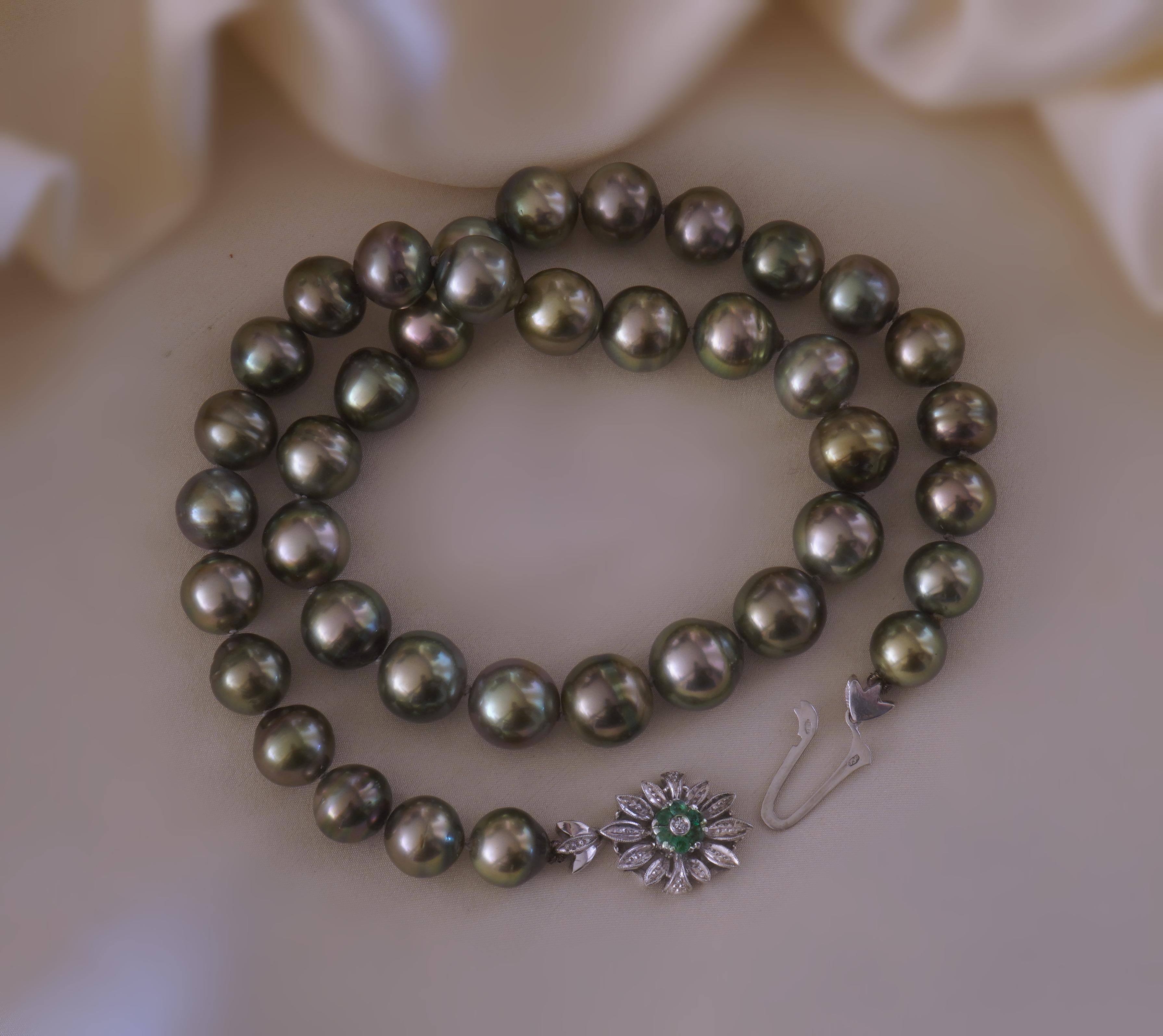 GIA Tahitian Pearl 18K Emerald Diamond Vintage Necklace Strand Fine Huge 11.5 MM en vente 3