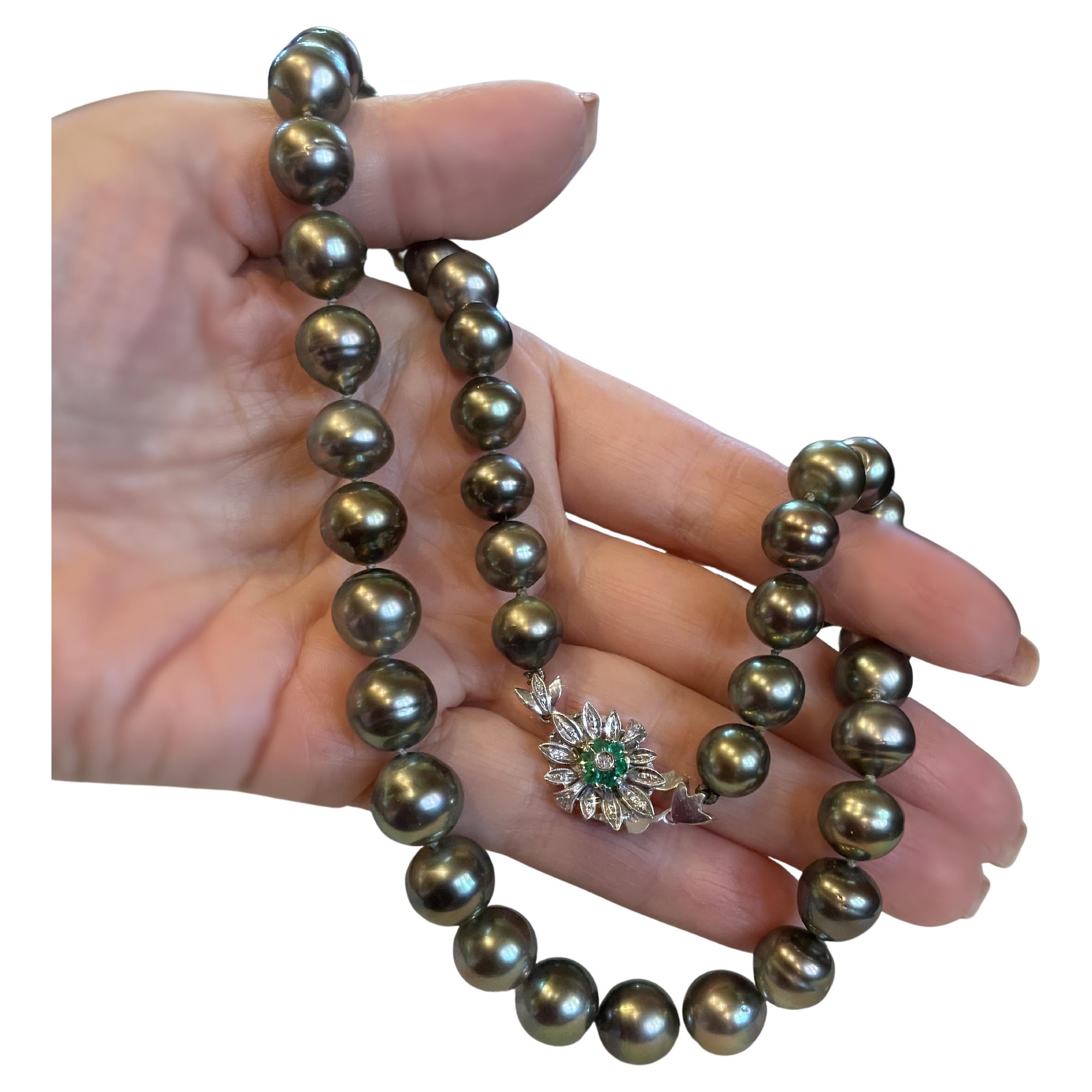GIA Tahitian Pearl 18K Emerald Diamond Vintage Necklace Strand Fine Huge 11.5 MM en vente