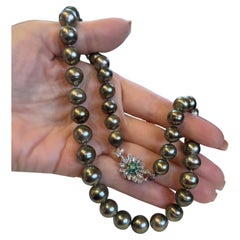 GIA Perla di Tahiti 18K Diamante Smeraldo Collana Vintage Filo Fine Enorme 11,5 MM