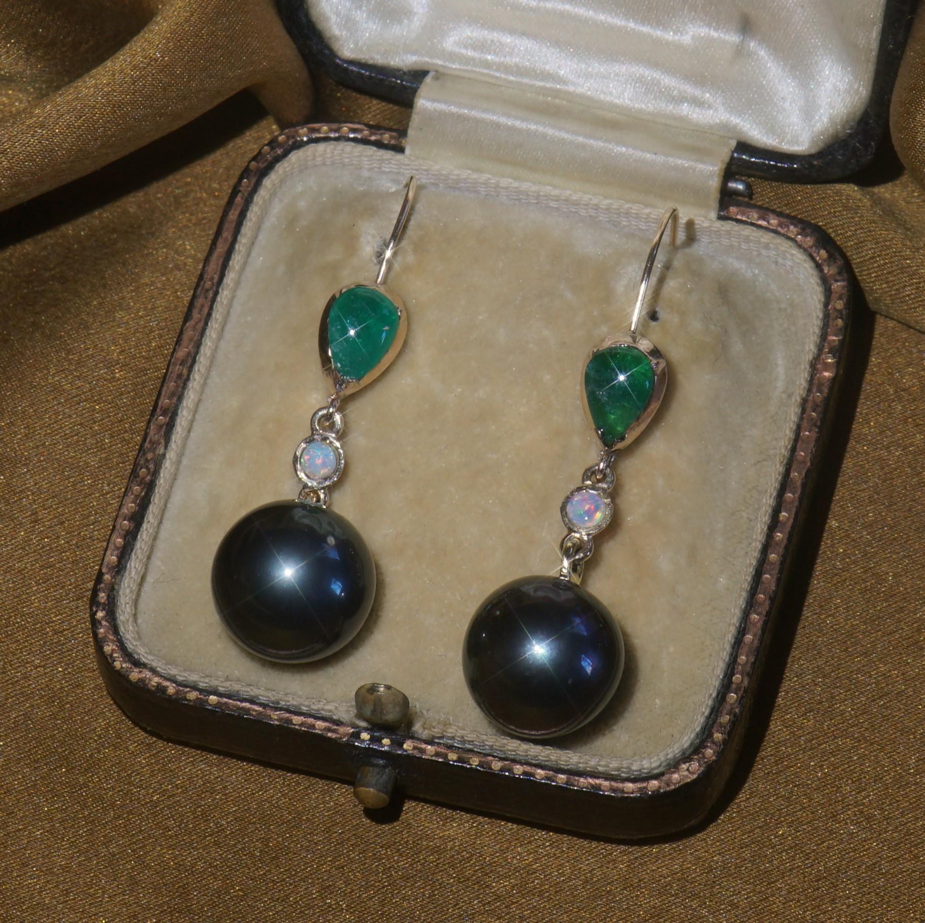 Old South Jewels proudly presents.... LUXURY.   GIA Certified ANTIQUE 14K GOLD TAHITIAN PEARL, EMERALD, OPAL EARRINGS AND BOX!   Huge Vintage 12MM Natural Saltwater Pearls, Emeralds, and Australian Opals--Stunning!   Huge Tahitian Glowing Baroque