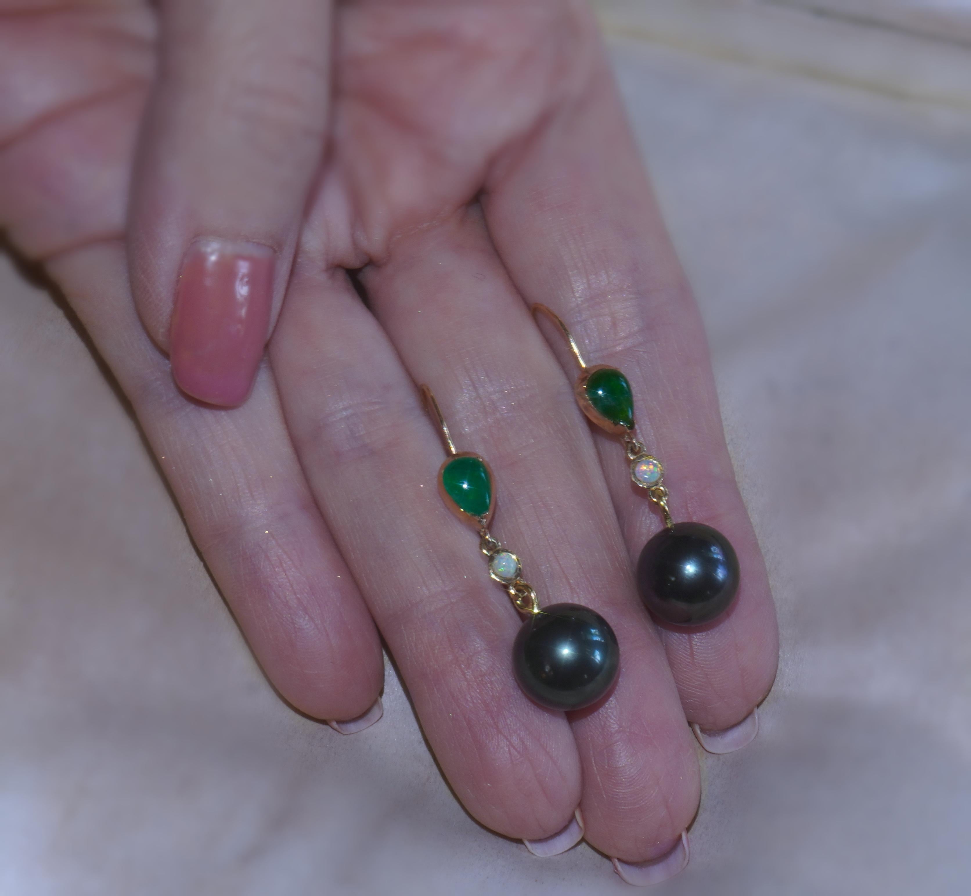 GIA Tahitian Pearl Emerald Opal 14K Earrings Victorian Vintage Fine 4.14 Carats In Good Condition In Sylvania, GA