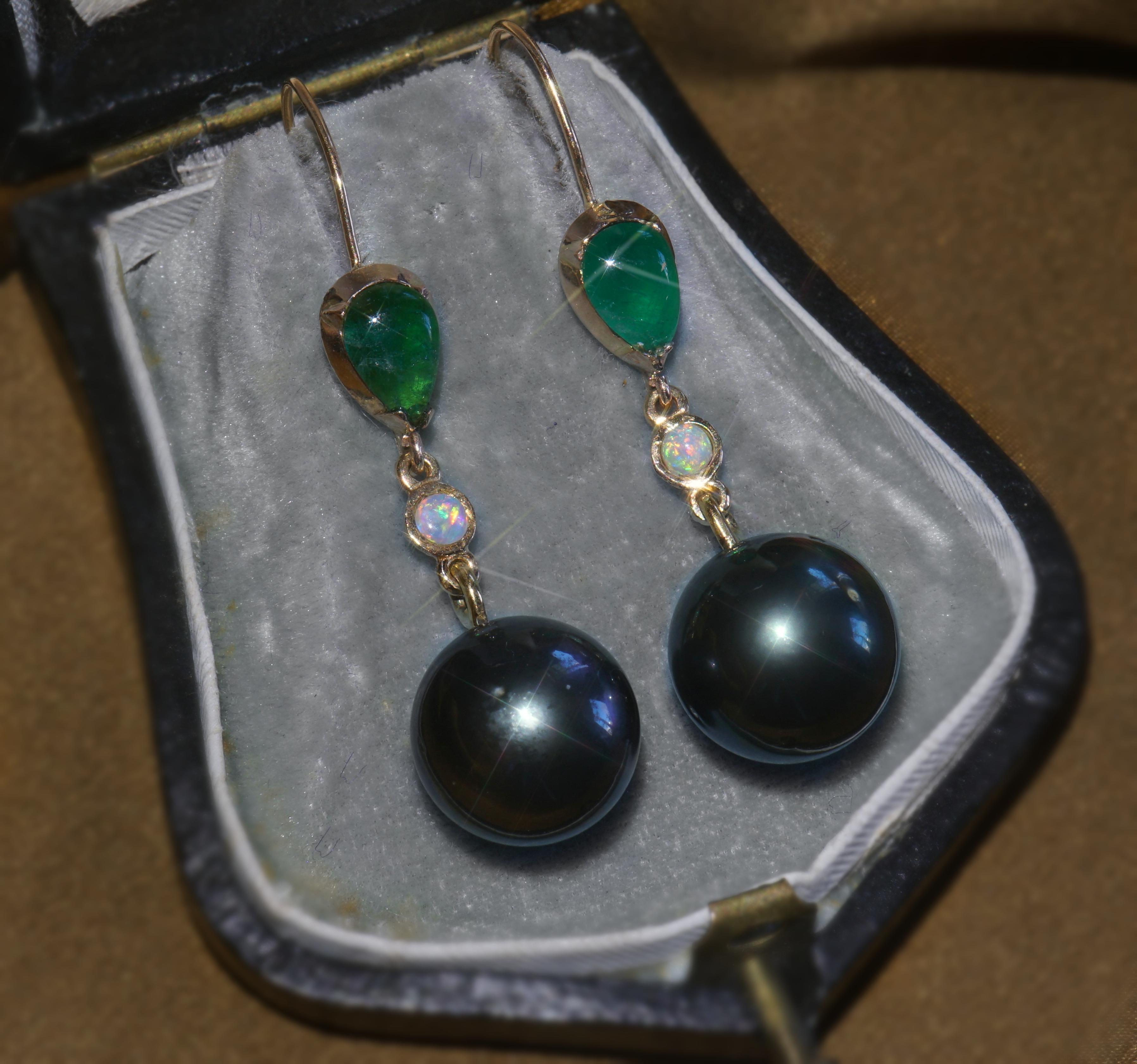 Women's GIA Tahitian Pearl Emerald Opal 14K Earrings Victorian Vintage Fine 4.14 Carats