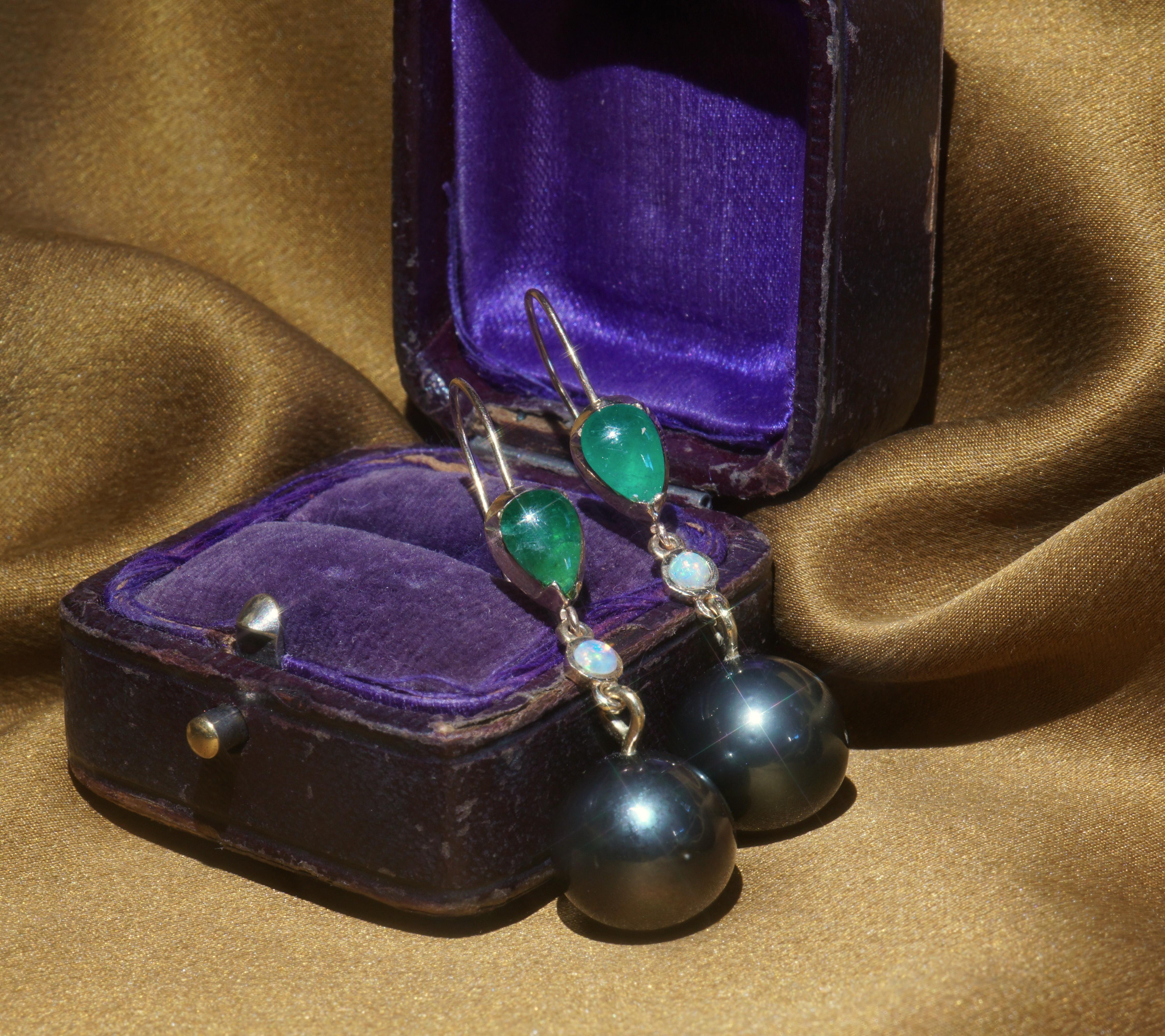 GIA Tahitian Pearl Emerald Opal 14K Earrings Victorian Vintage Fine 4.14 Carats 2