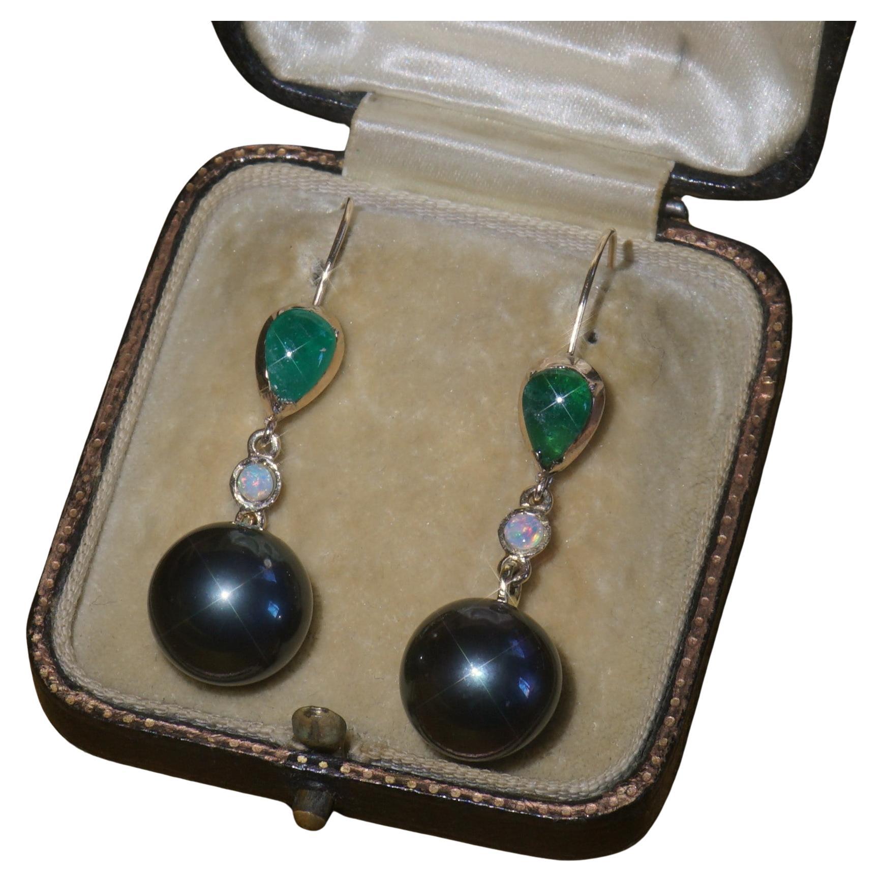 GIA Tahitian Pearl Emerald Opal 14K Earrings Victorian Vintage Fine 4.14 Carats