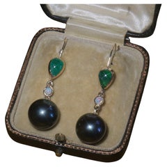 GIA Tahitian Pearl Emerald Opal 14K Earrings Victorian Antique Fine 4.14 Carats