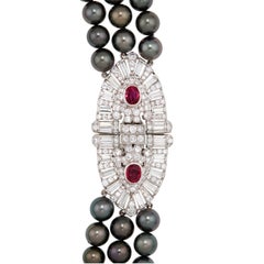 GIA 12.20 Carats Ruby & Diamond Clasp on 3 Strand Tahitian Pearl Necklace