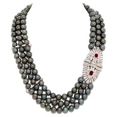 GIA 12.20 Carats Ruby & Diamond Clasp on 3 Strand Tahitian Pearl Necklace
