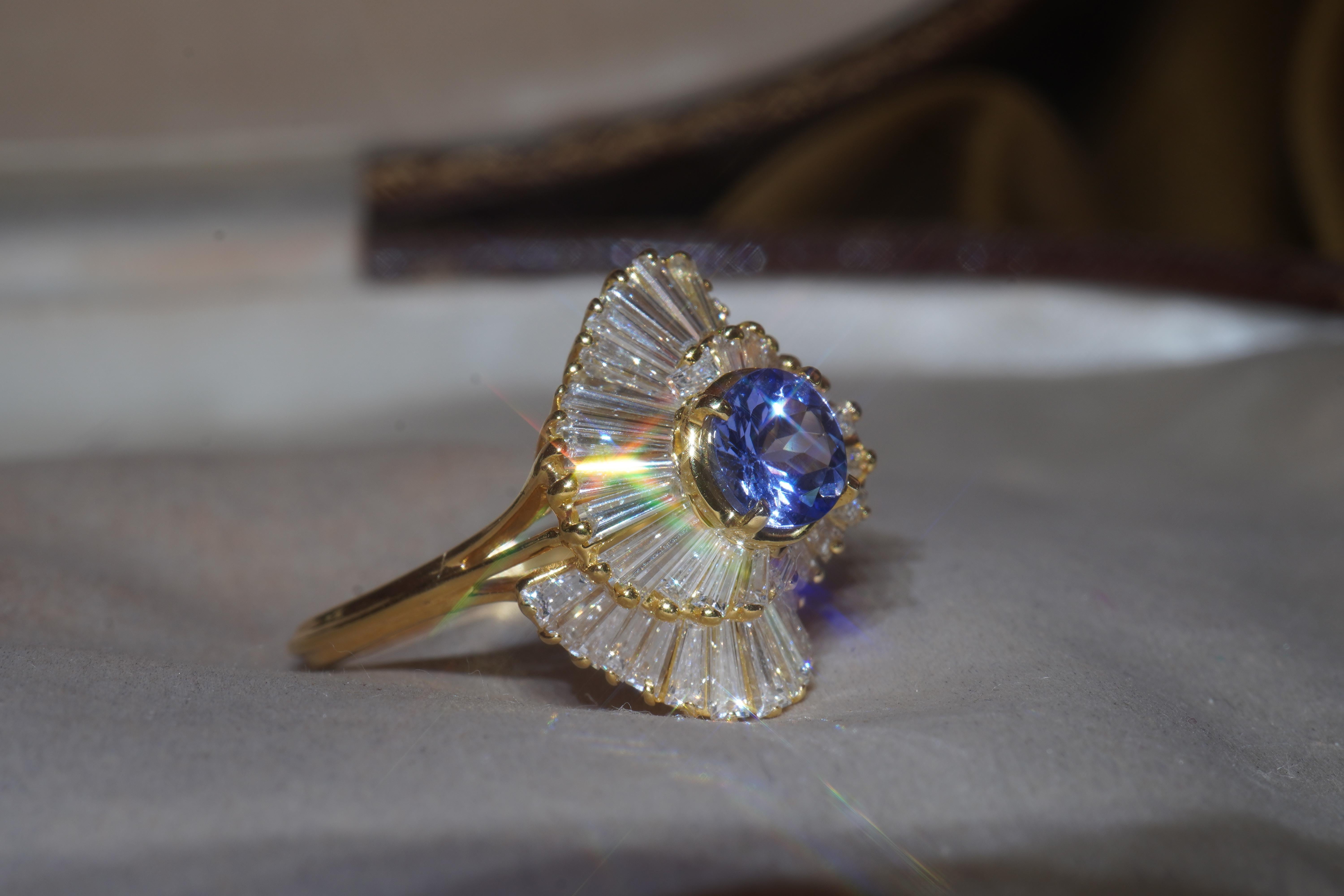 Old South Jewels proudly presents...VINTAGE LUXURY... GIA CERTIFIED 18K SOLID YELLOW GOLD 5.31 CARAT TANZANITE DIAMOND VINTAGE RING.   FINE NATURAL TANZANITE.   (This Gorgeous Violet Tanzanite is Crowned With 4.07 Carats of Sparkling White Natural