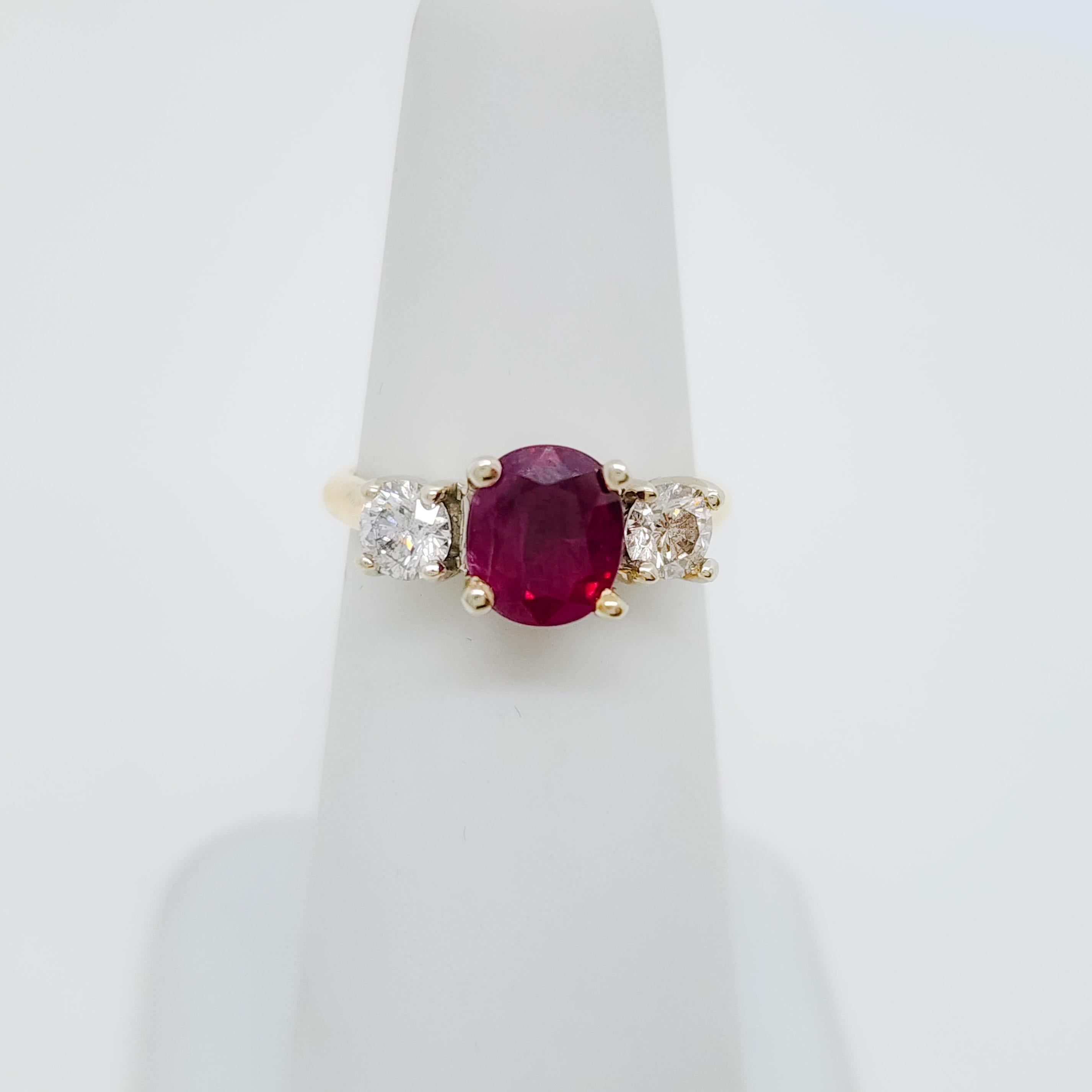 GIA Thai Ruby Oval and White Diamond Three Stone Ring in 14k For Sale 3